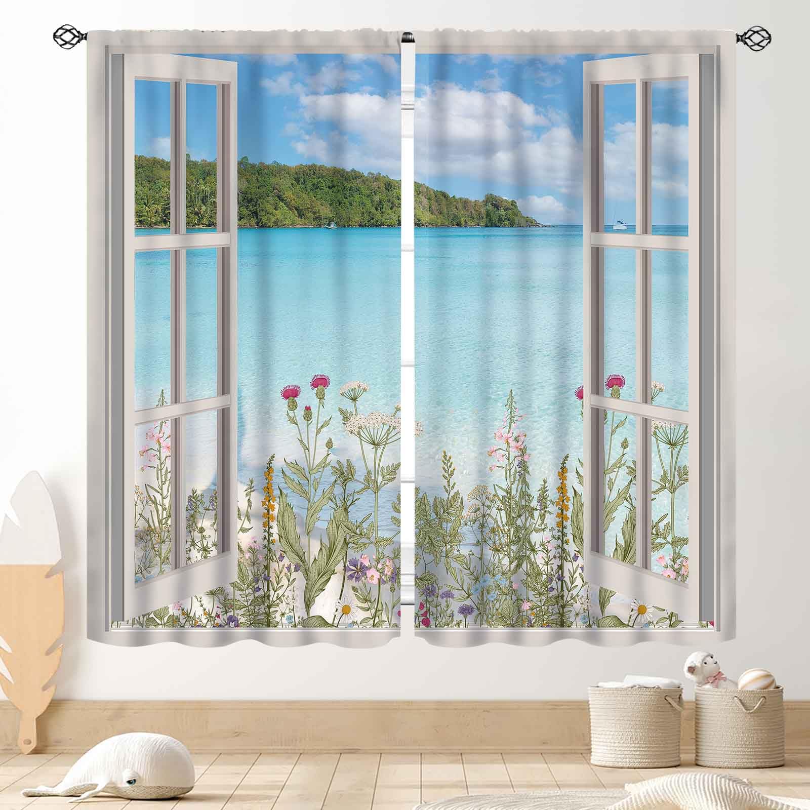 TKUYO Ocean Beach Curtains, Coastal Nautical Trpical Wildfloral Ocean Landscape Sea Scenery Summer Drapery Treatments for Bedroom Living Room Bathroom Windows 2 Panels, 42"x45" Inch