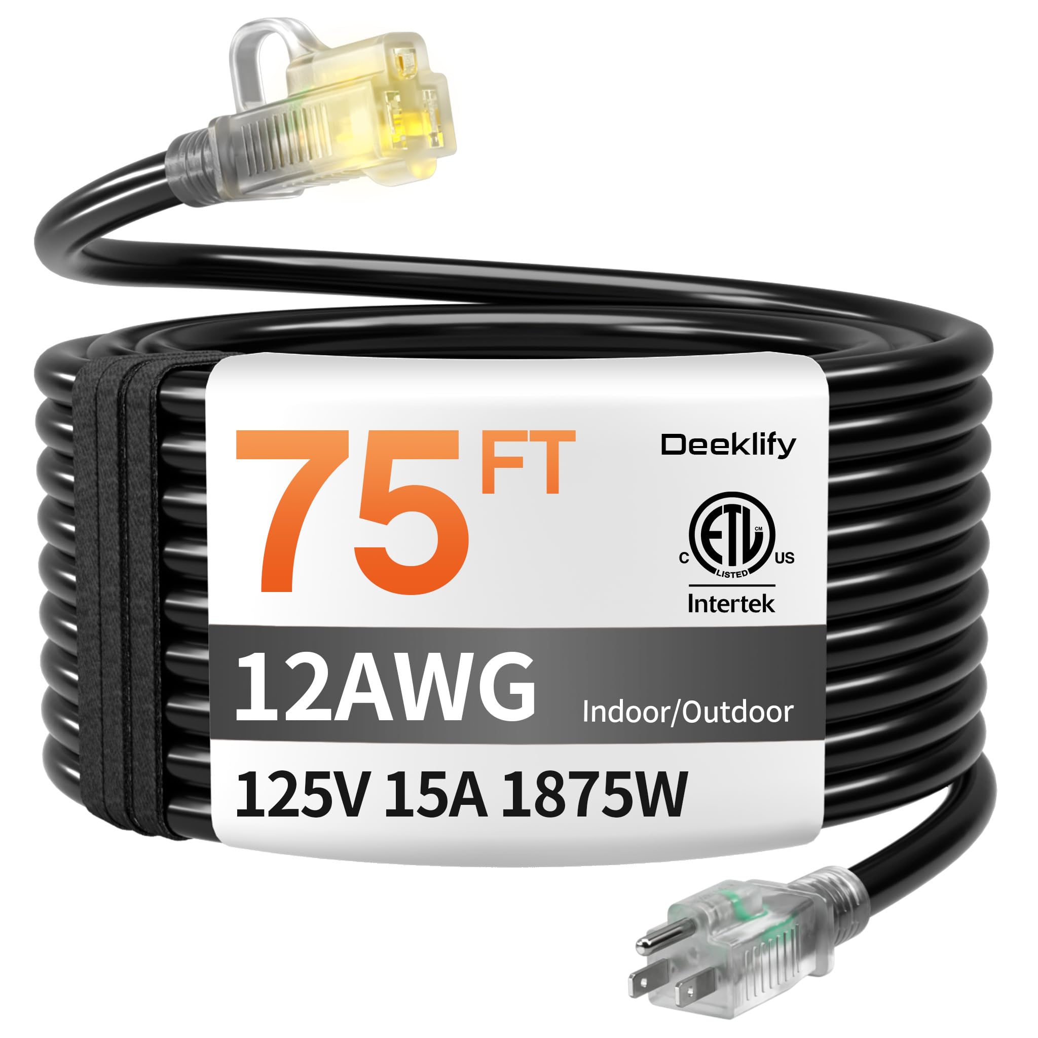 Deeklify 12 Gauge 75 FT Heavy Duty Outdoor Extension Cord