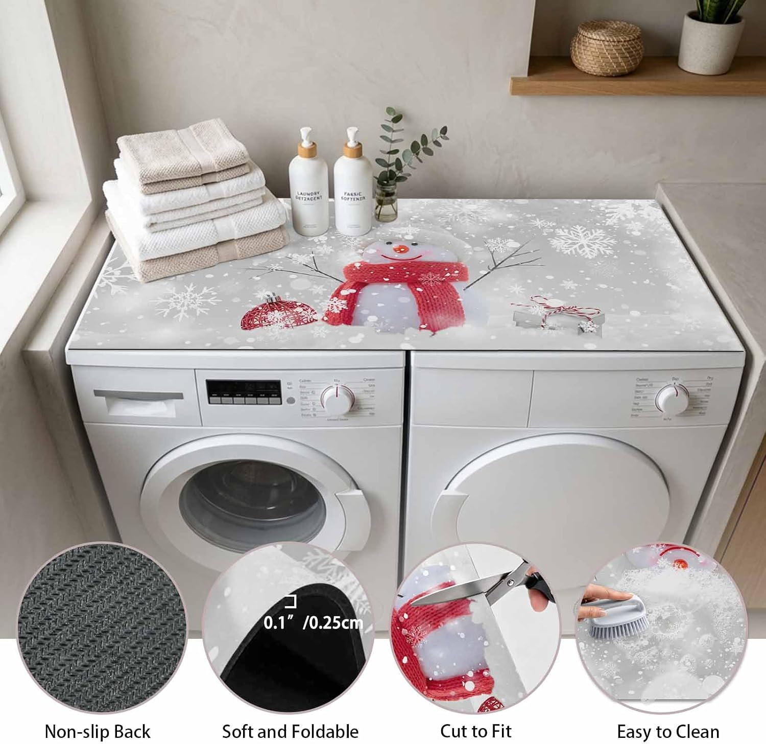 Washer and Dryer Covers for the Top, Red Scarf Snowman Christmas Decorative Washing Machine Protector Mat, Dryer Top Cover for Laundry Room, Winter Xmas Gifts Snowflakes 51.2" x 25.6" (Pack of 1) image 4