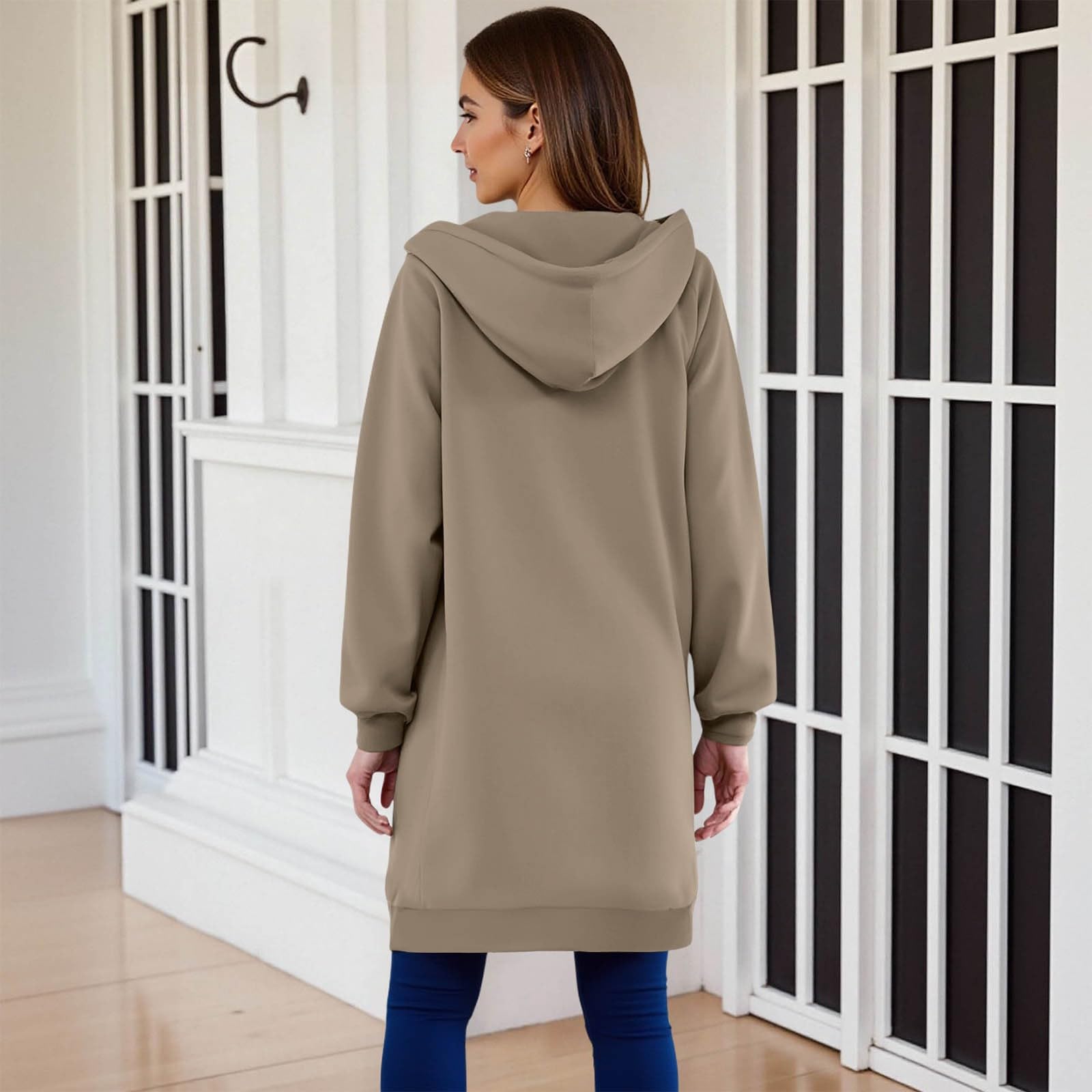 Generico Felpa Donna con Cappuccio Lunga Felpa in Cotone Tinta Unita Caldo e Morbido Giacca Sportiva con Zip Felpe da Invernale con Coulisse Classico e Comodo Sweatshirt da Casa Leggero e Casual
