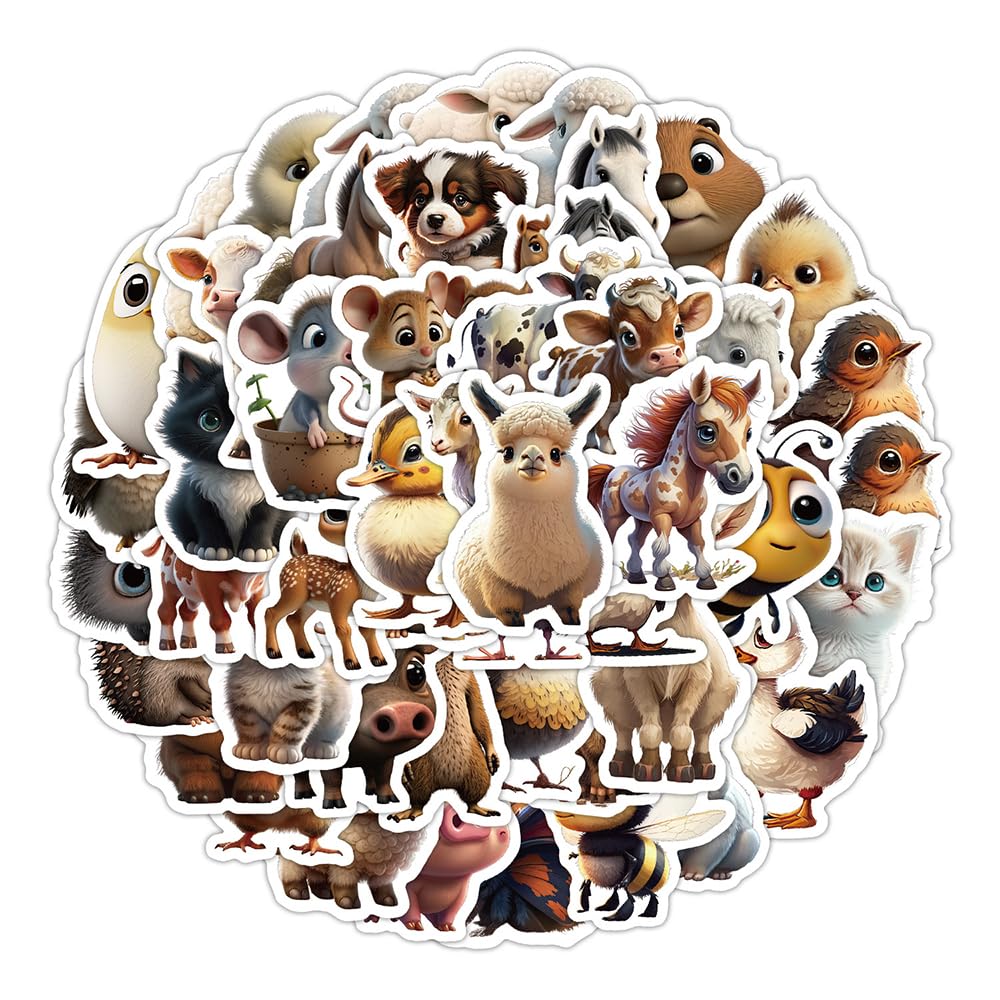 Charming Farm Animal Vinyl Stickers, 50 PCS Waterproof 3D-Style Animal Decals for Laptops Scrapbooking, Journals, Notebooks
