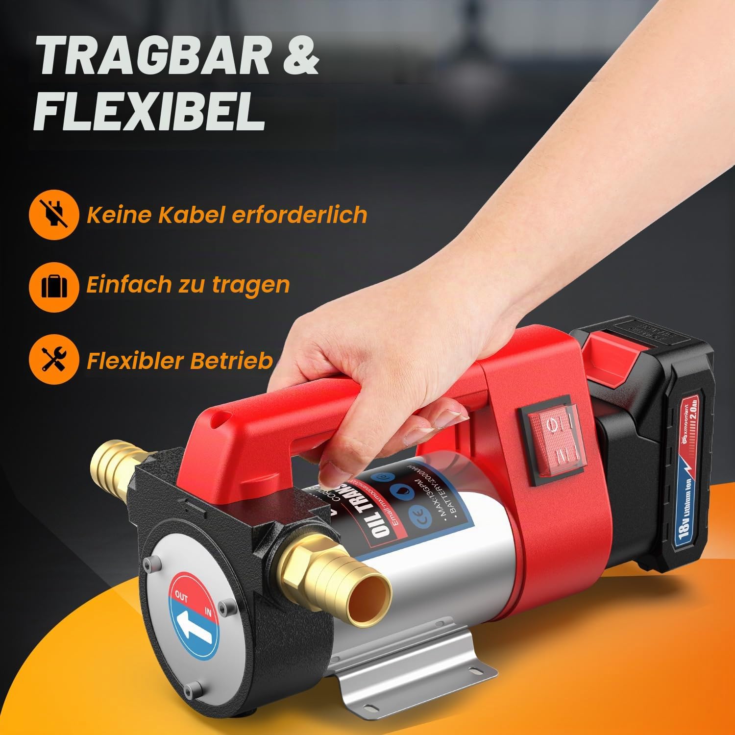 Mxmoonant Kabellose Elektrische Dieselpumpe, Selbstansaugend, Tragbar, 50L/Min, 260W, 4200rpm, 4Kg, mit 2x 2000mAH Lithium Batterie, für Diesel, Kerosin