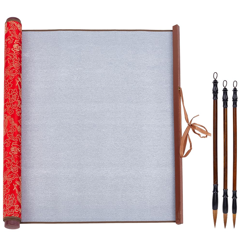 PH PandaHall 4pcs No Ink Chinese Calligraphy Practice Set Reusable Water Writing Cloth Scrolls Chinese Traditional Calligraphy Writing Brushes Pens for Beginners Professional Practice 38.1x77.5cm