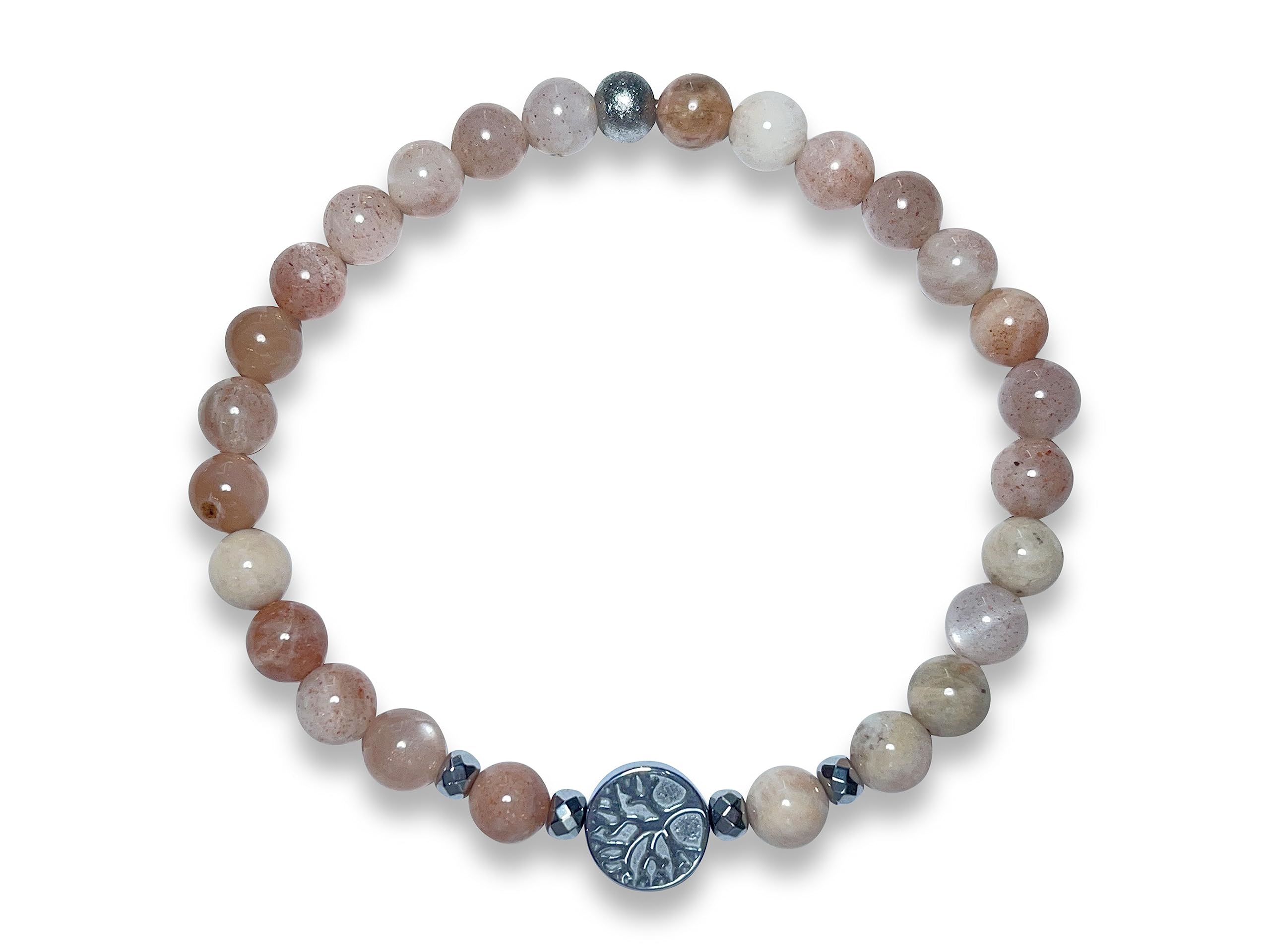 Mondstein Sonnenstein Mix Armband Perlen echt 6mm Lebensbaum Hämatit Silber - Handmade Perlenarmband Weiblichkeit Herzenswärme - Spiritueller Schmuck Unisex - Personalisierbar