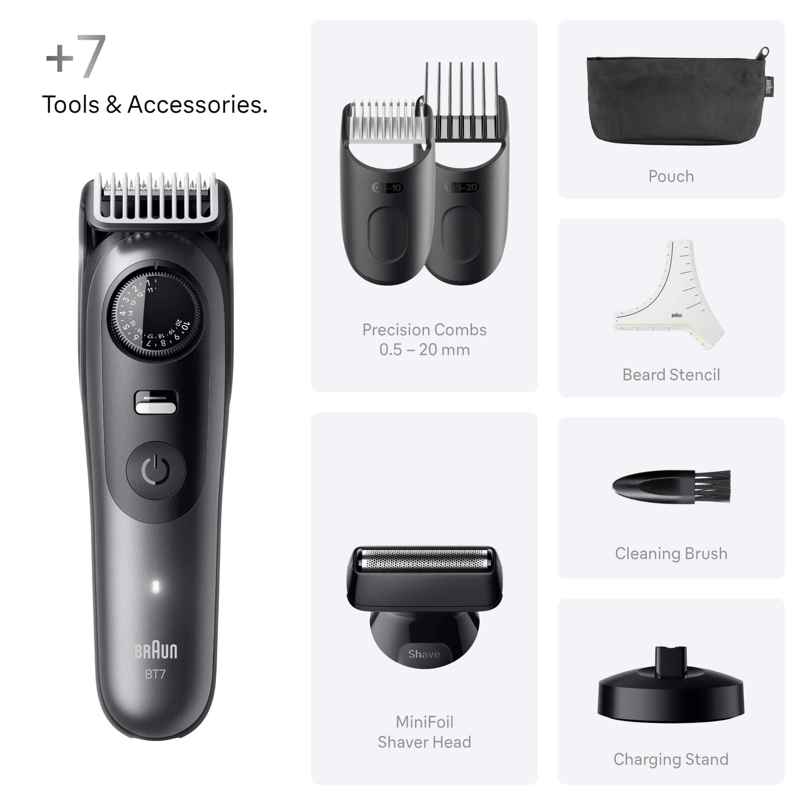 Braun Barttrimmer Series 7, Elektrischer Bartschneider Herren mit 6 Zubehörteile, Ultrascharfe ProBlade Klinge, 120 Min Akkulaufzeit, Kabelloser Bartrasierer, 40 Längen, Wasserdicht, BT7520, Blau