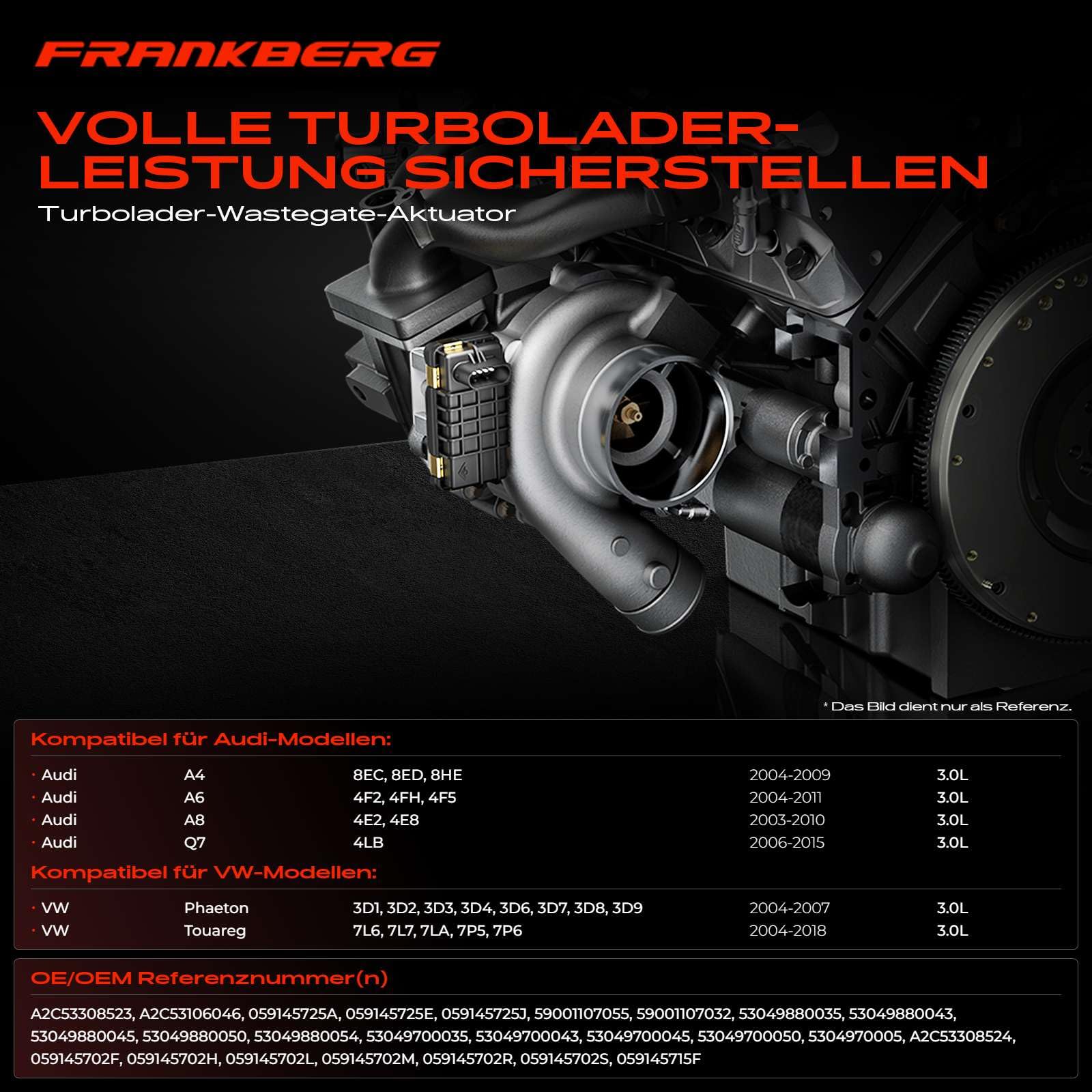 Frankberg Attuatore del turbocompressore attuatore del turbocompressore | A2C53308523; Compatibile con: A4 8EC, T.o.u.a.r.e.g 7P5 7P6, A8 4E2 4E8, Q7 4LB, A4 Avant 8ED, A6 Allroad 4FH