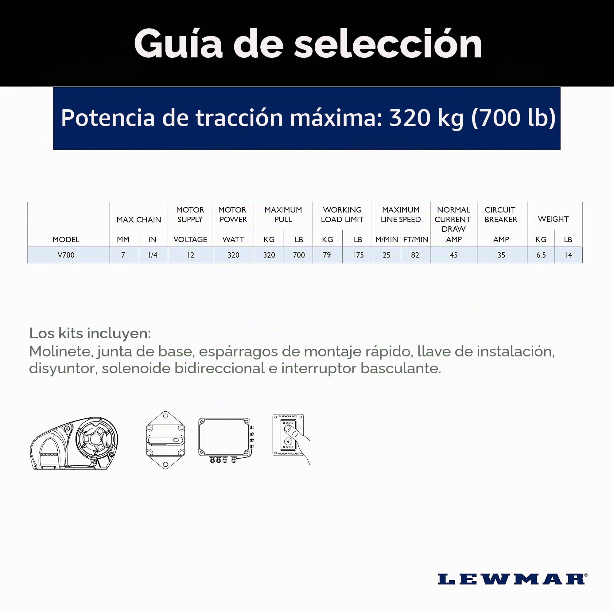 Lewmar® V700 12V 1/4 Pulgadas con Interruptor, Interruptor basculante y Caja de Control