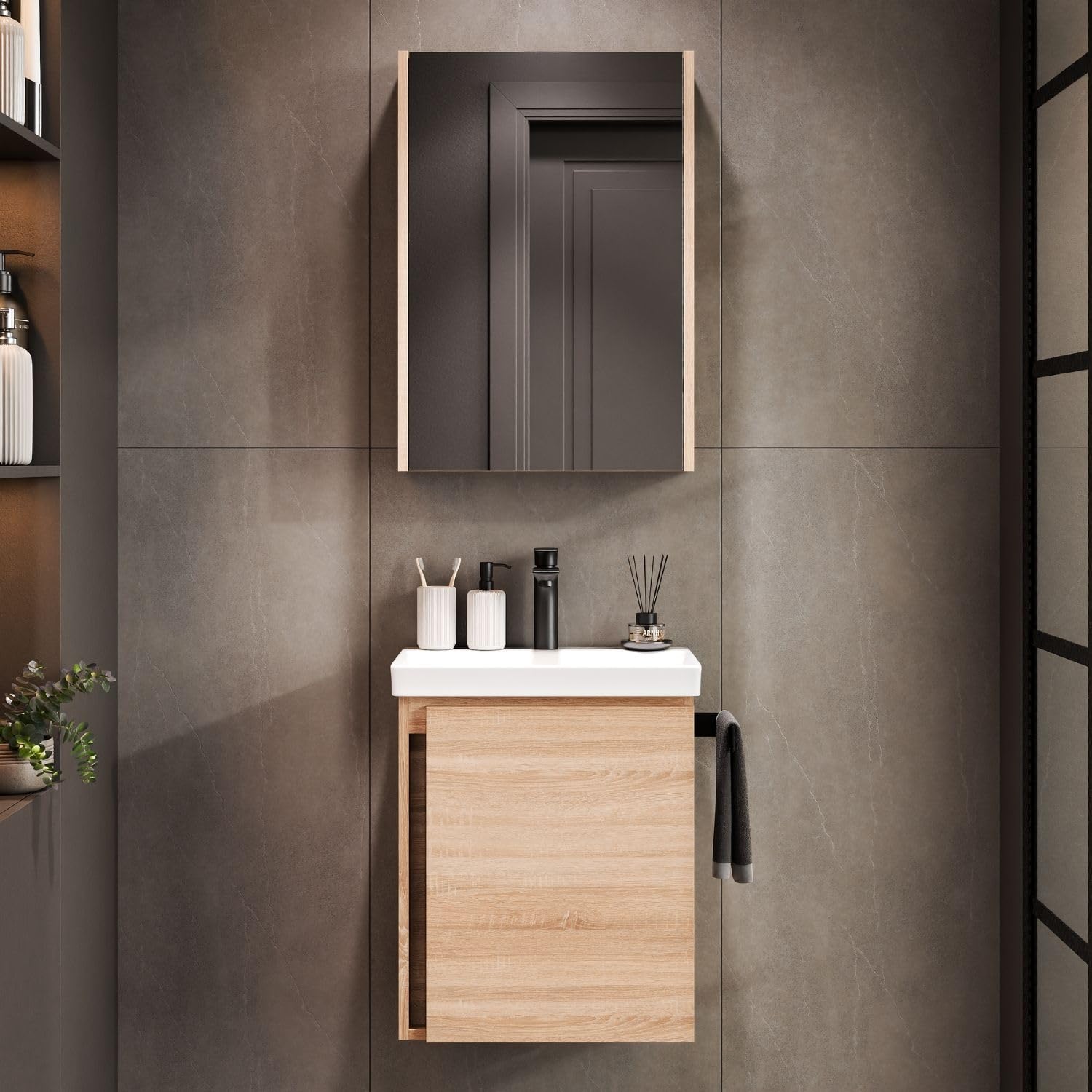 Planetmöbel Lavabo con mobile sottolavabo 50 cm incl. armadio a specchio 50 cm, set di mobili da bagno con lavabo, sospeso, rovere sonoma