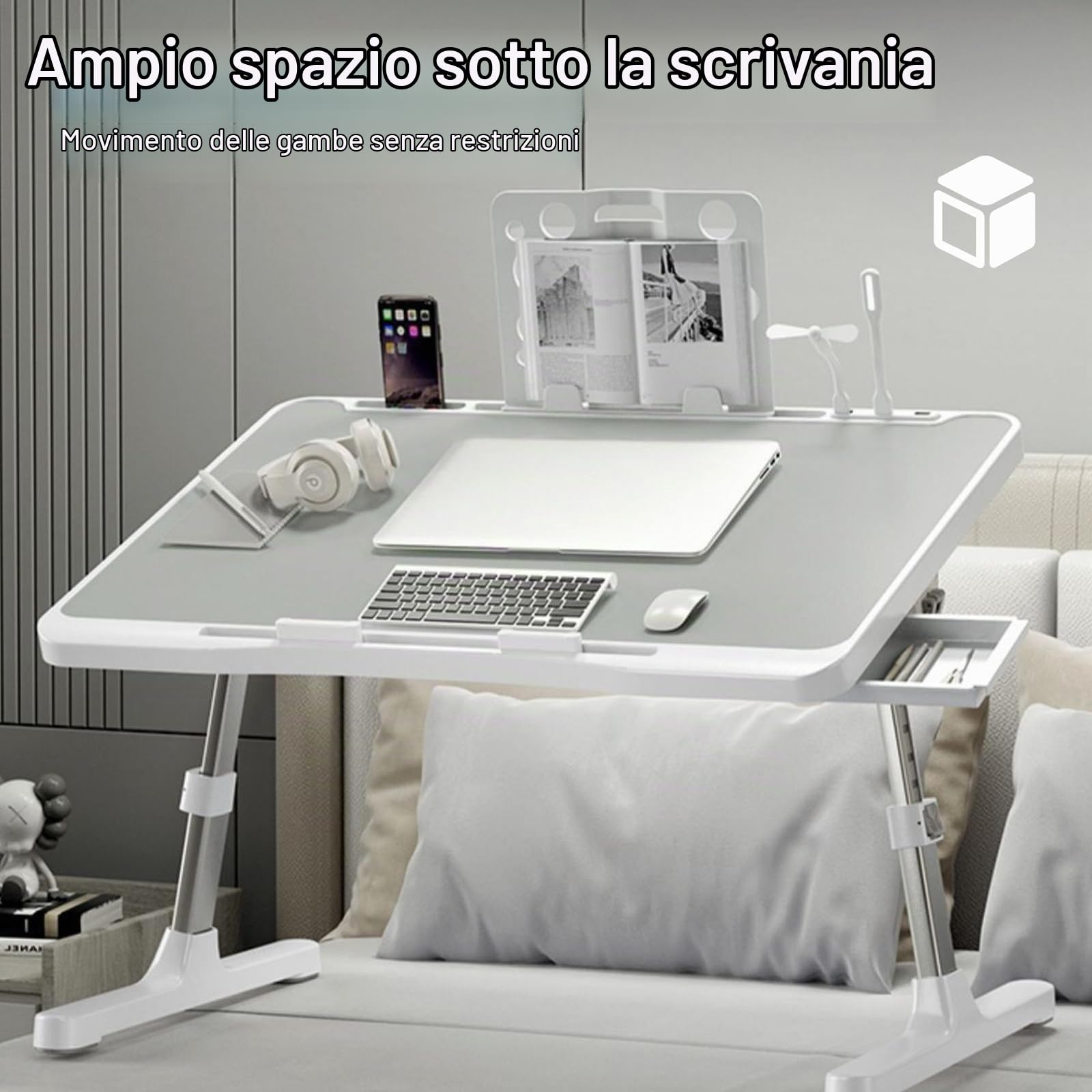 Tavolino Per Laptop, Vassoio Da Letto Regolabile In Altezza Comodino Pieghevole Con Cassetto Ripiano Lampada Da Scrivania Usb E Ventilatore Per Letto Divano Pavimento 60x40 Cm