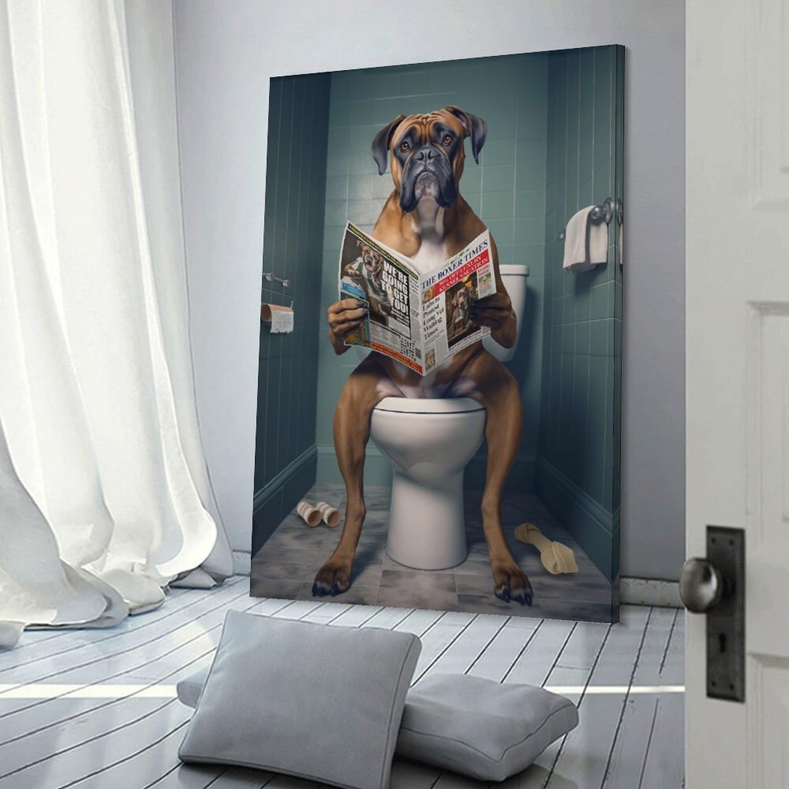 Junmoney Frame-Style-12-1 Boxer Dog On The Toilet Home Decor Wall Art 12X18inch(30X45cm), For Hallway, Bedroom Or Modern Interiors, Canvas Artwork With Gifting Potential