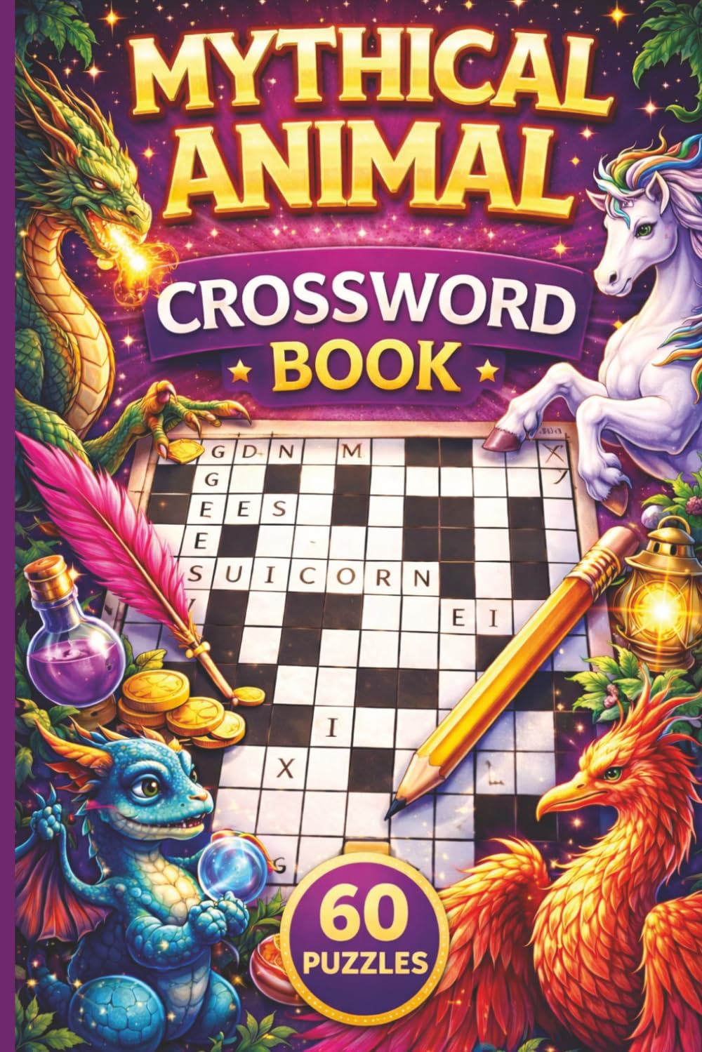 Mythical Animal Crossword Puzzle Book: 60 Magical Crossword Puzzles Inspired by Legendary Creatures, Folklore & Myth Across many Cultures