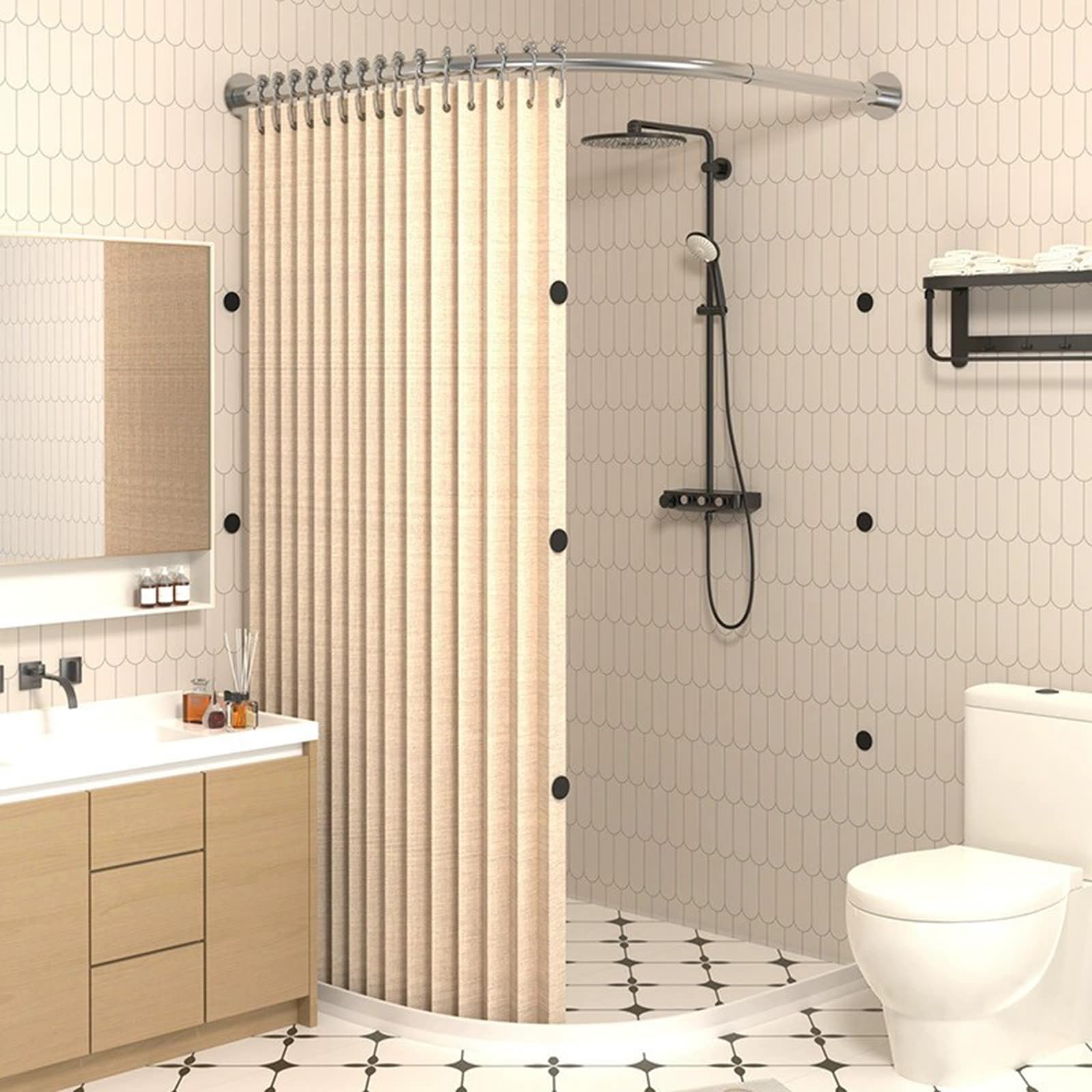 GLDYTVF Curved Shower Curtain Set, Magnetic Folding Shower Curtain, Waterproof Corner Divider with Curved Rod, Includes Shower Rod & Water Retention Strip (X85~90cm x Y85)