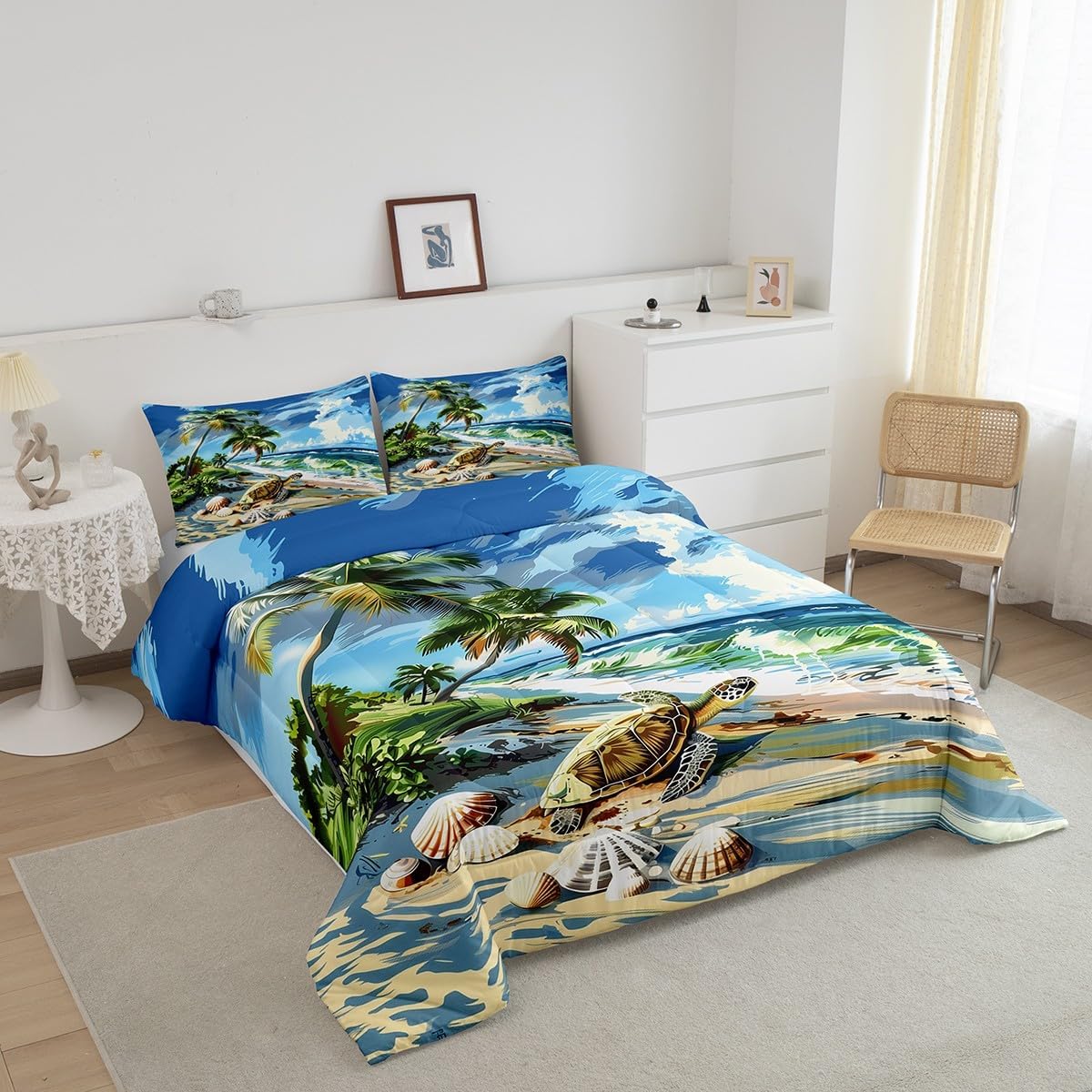 Hawaii Tropical Comforter Set Queen Size,Seaside Shell Sea Turtle Marine Life Bedding Set 3 Pcs for Teens Adults,Watercolor Sky Ocean Palm Trees Down Comforter,Blue Green,2 Pillowcases