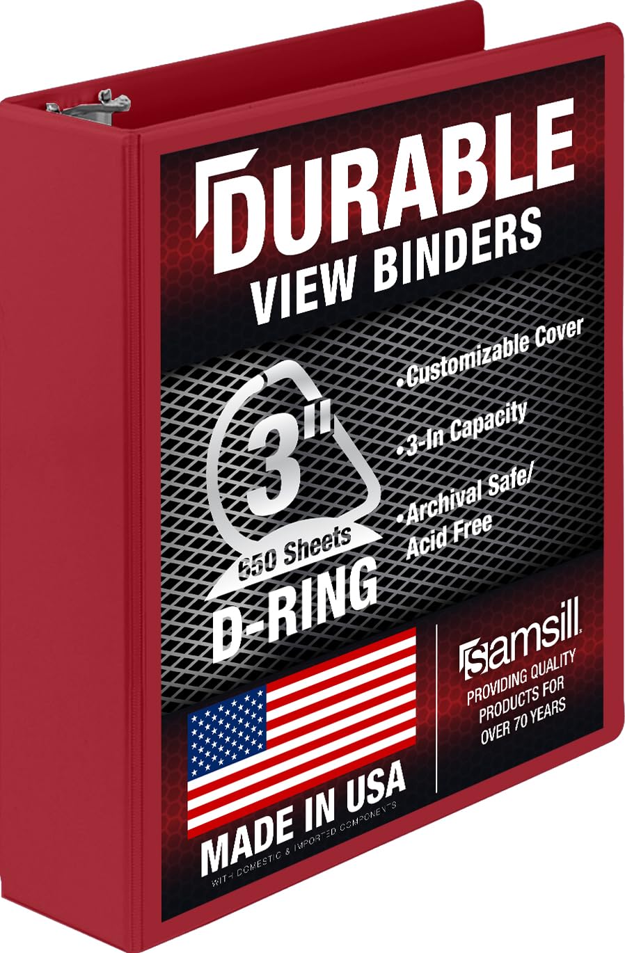 Samsill Durable 3 inch 3 Ring Binder, D Ring Binder, 100% Recycled Chipboard, Red (Pack of 12)