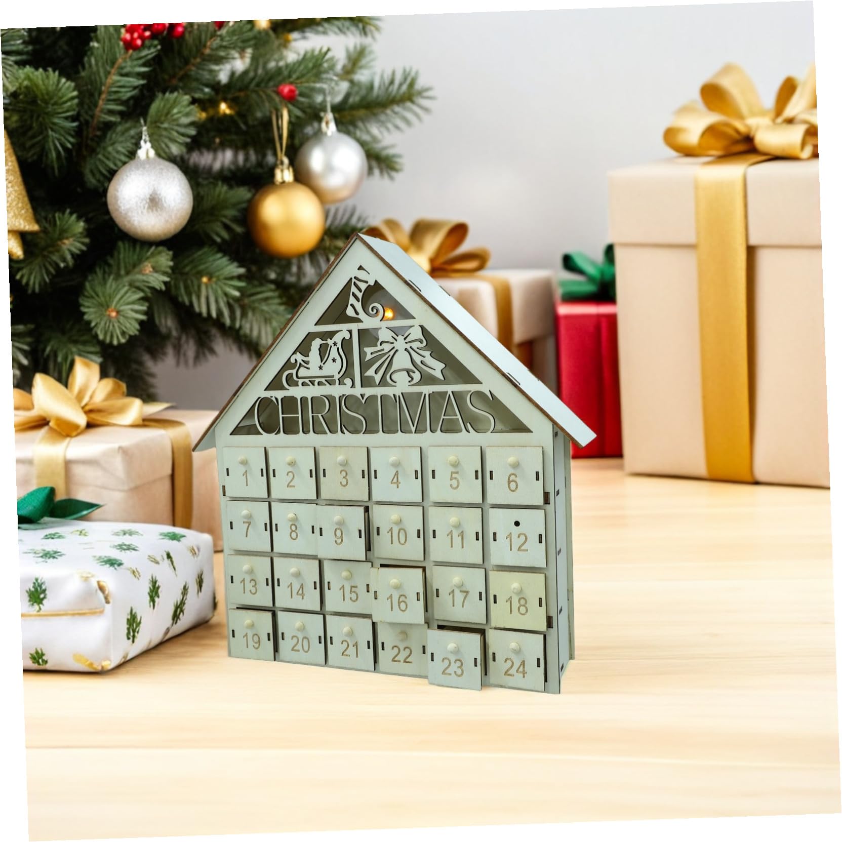 GLEAVI Calendario de Adviento Navideño de Días con Casa de Madera Iluminada LED Calendario de Regresiva para Decoración de Mesa de Salón