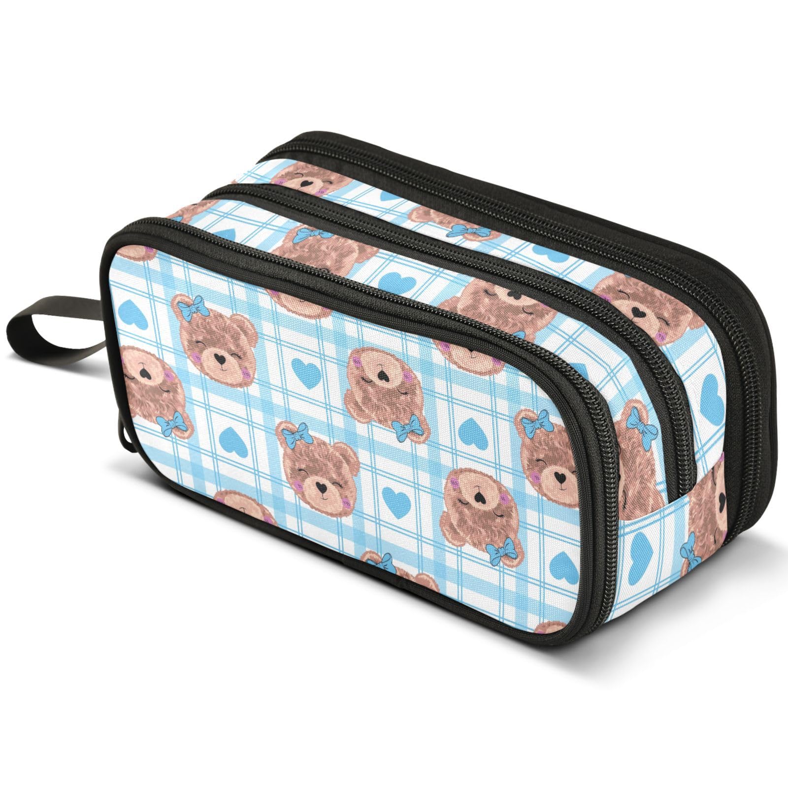 Mnsruu Cute Bear Blue Heart Plaid Pencil Case Large Capacity Pen Pouch Pencil Bag with 3 Compartments Pen Holder Organizer Stationery Bag — image 1