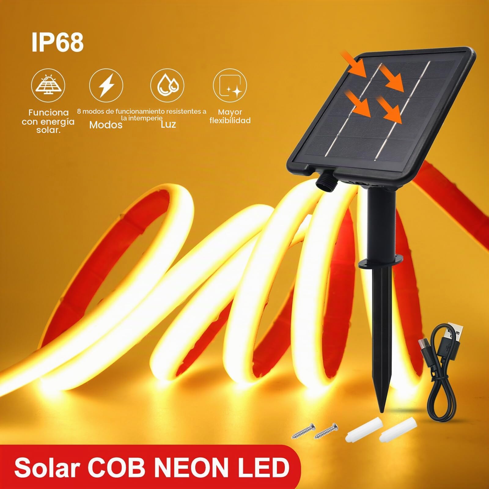 24V COB LED Tira Solar [10m,Blanco Cálido 3000-3500K], 7200MAH Controlador de Panel Solar, 8 Modos, IP68 Impermeable Flexible FCOB LED Tira de Neón, Decoración de Dormitorio Jardín Pasillo