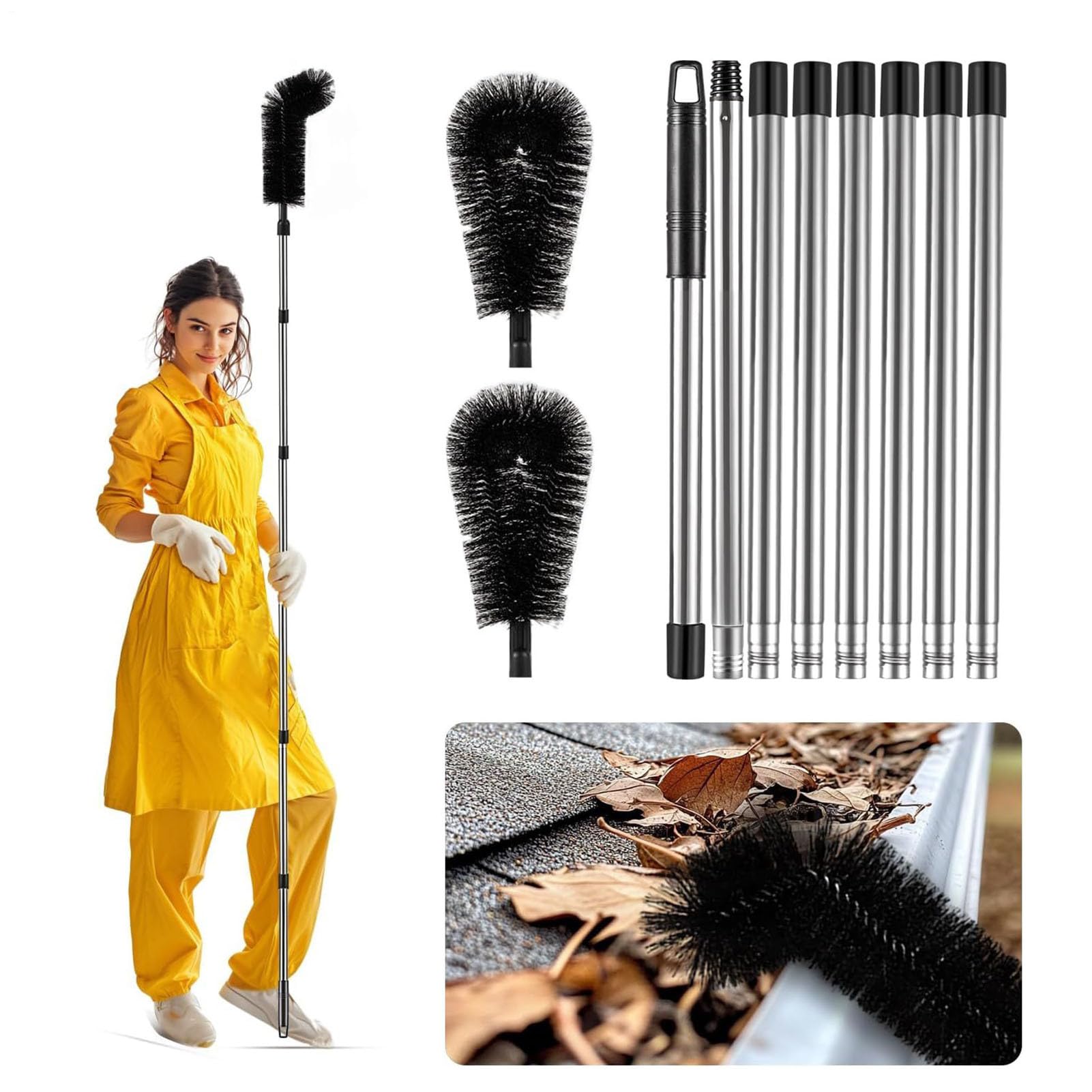 Outils de Nettoyage de Gouttières | Brosse de Toit à Manche Télescopique | Poteau d'Accès Long de 3,2 mètres pour Le Toit, Qui Permet d'Enlever Les Branches et Les Débris, sans Avoir Besoin d'Échelle