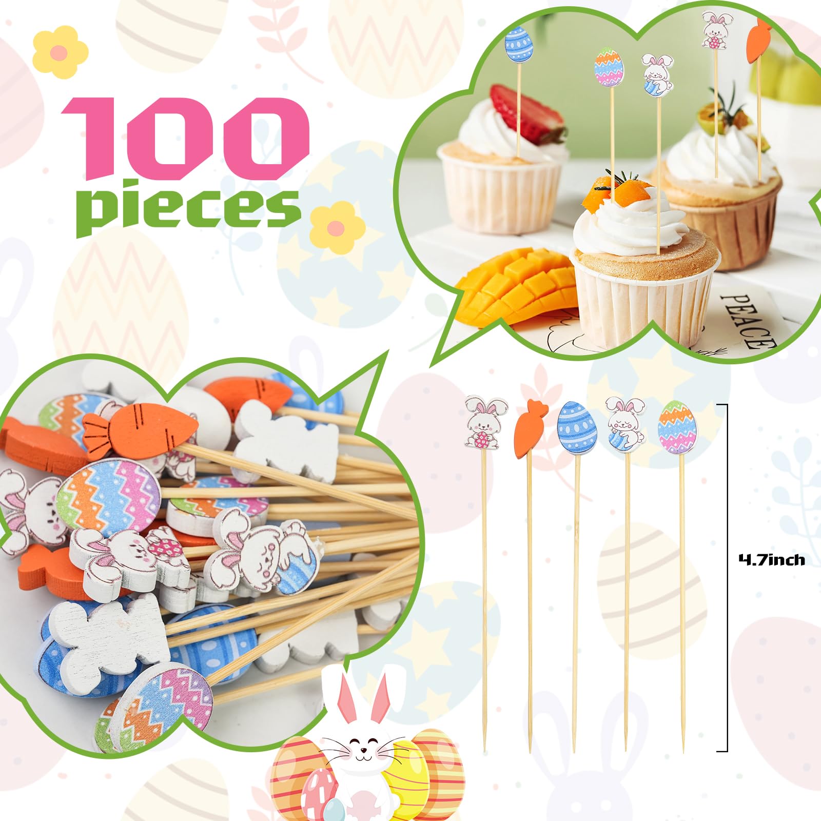 Easter Cocktail Picks 100PCS 4.7 Inch Fancy Bamboo Appetizer Toothpicks Party Supplies Decorations Fruit Skewers for Happy Easter day Party Decorations