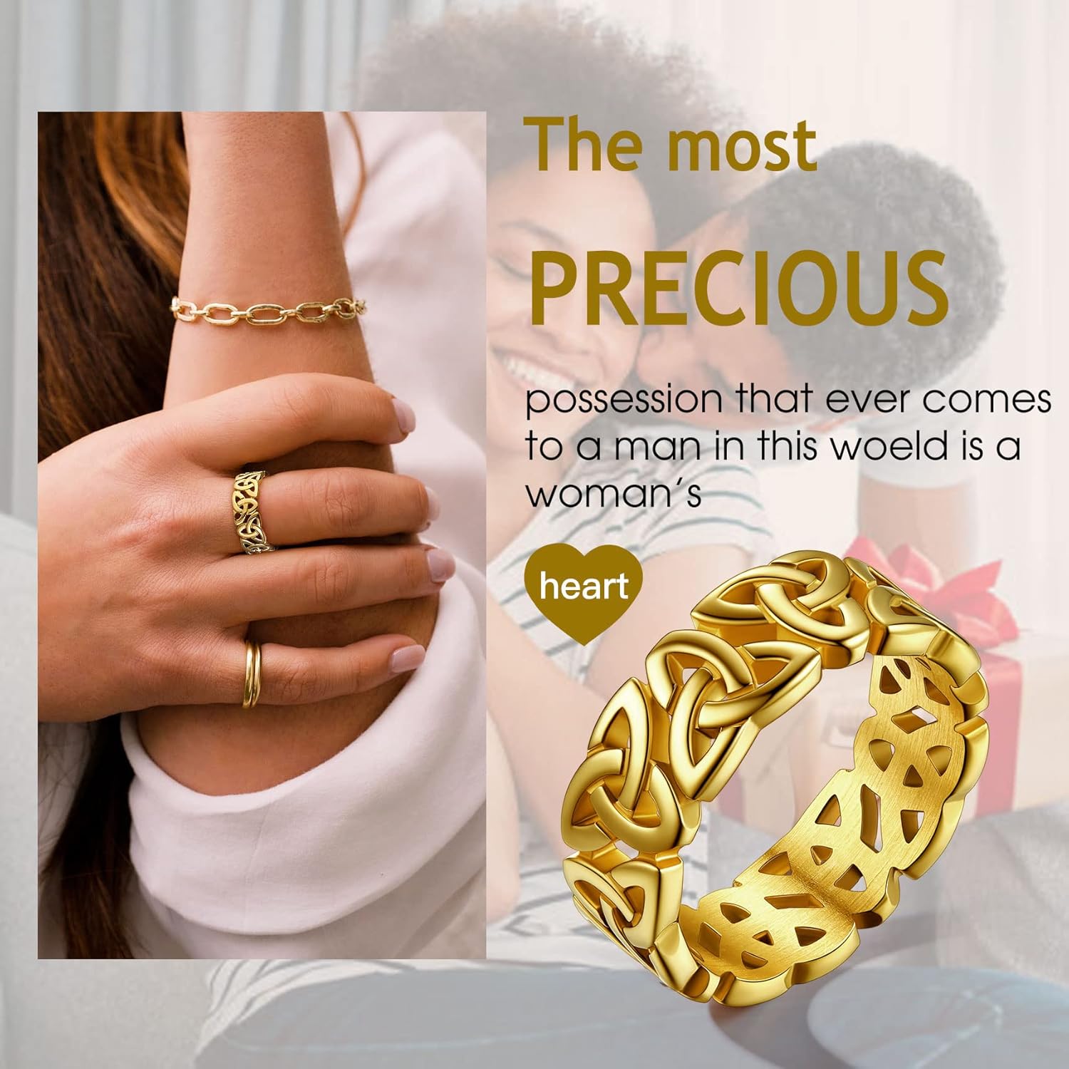 Bestyle Celtic Knot Band Rings for Men Women, Stainless Steel Irish Finger Ring Viking Wedding Bands Jewelry Gift Wedding Promise (14-Gold-Style03) - Image 3