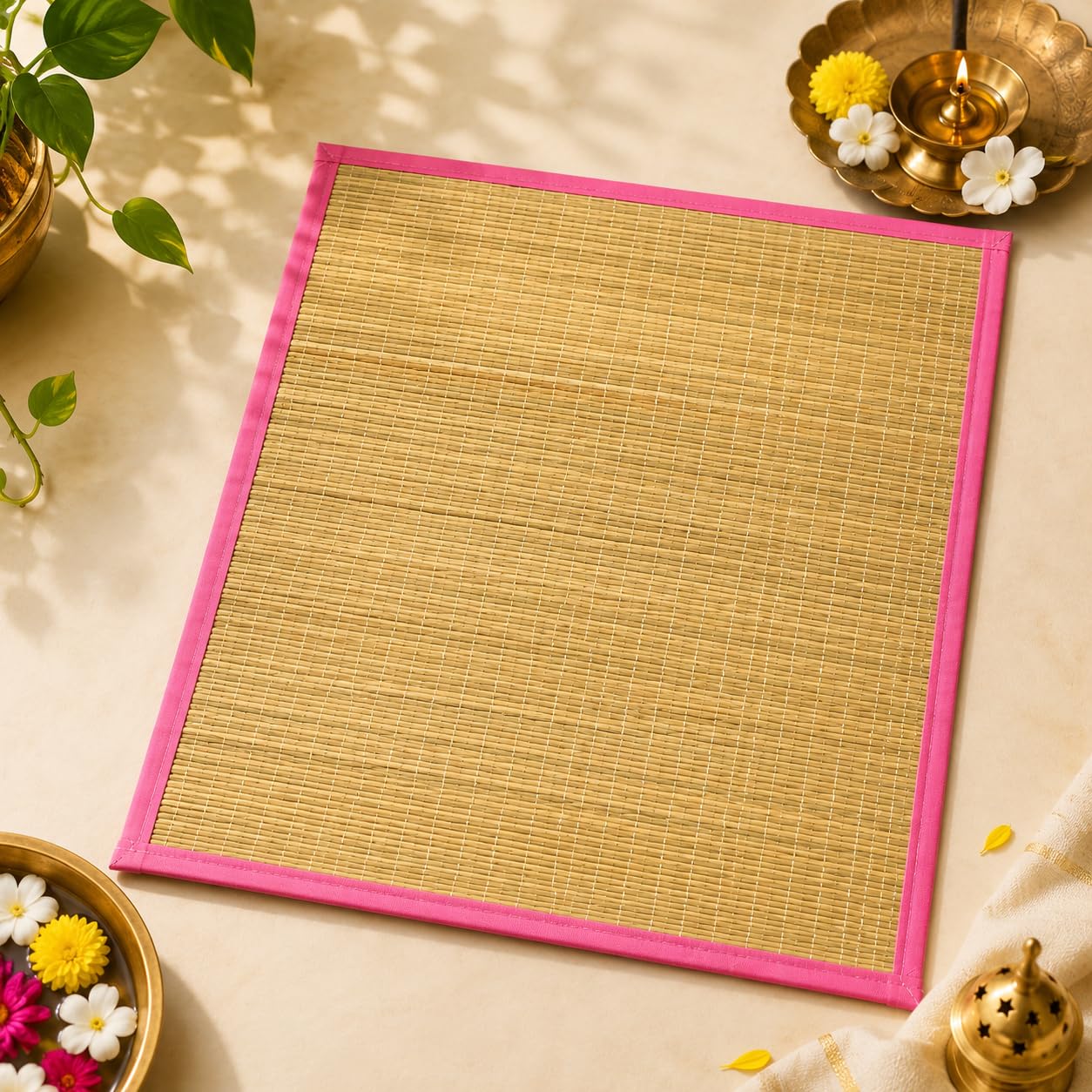 zana natural asana grass seat 22 x 17.5 inch | handwoven floor seating for pooja, meditation & yoga | foldable prayer sitting pad | border color may vary