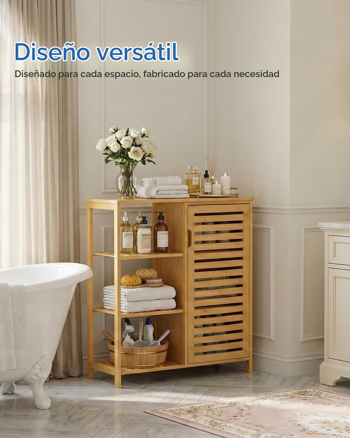HITNET Mueble Baño Bambu, Armario Bajo Baño Auxiliar, Gabinete de Almacenamiento con Puerta y 3 Estantes Abiertos, para Sala de Estar, Cocina, Entrada, Natural