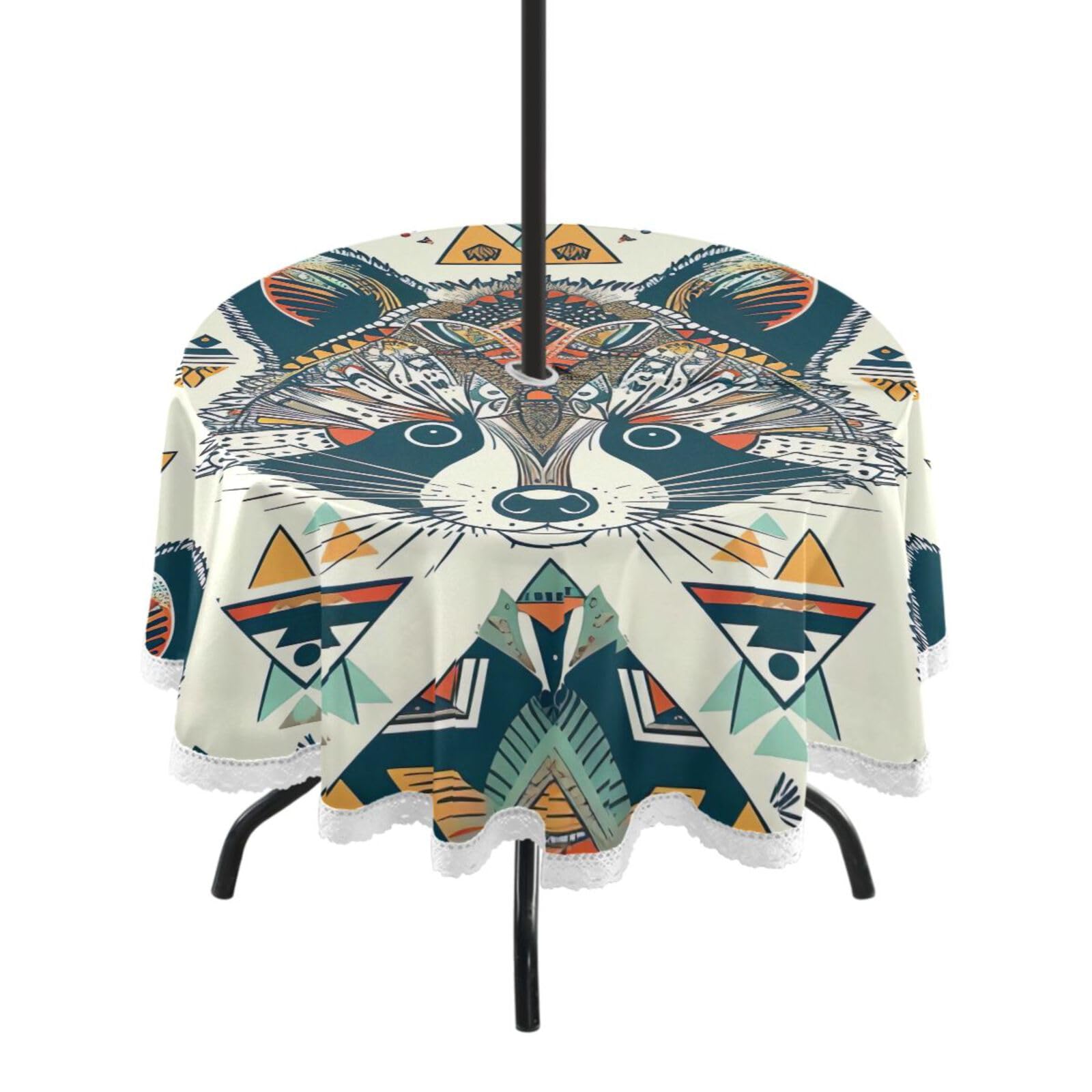 Wajiw 60 Inch Indoor Outdoor Round Tablecloth with Umbrella Hole and Zipper Waterproof Patio Table Cover for Camping Dining Room Party Outdoor Picnic,Raccoon