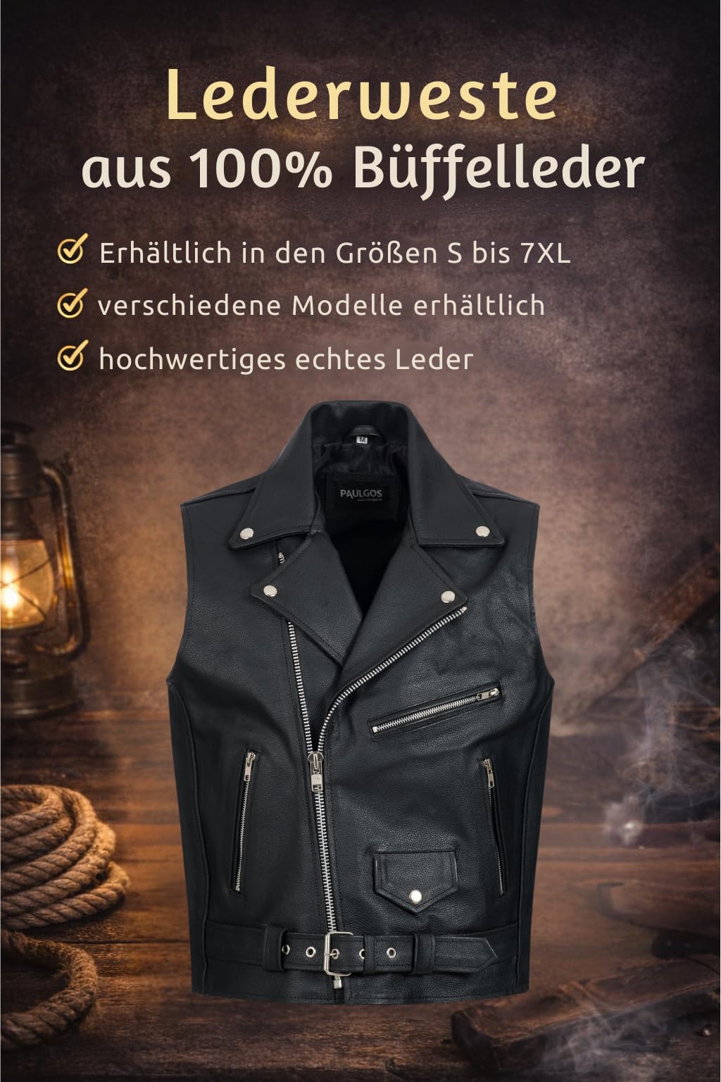 PAULGOS Lederweste Weste Kutte Leder Biker Rocker Motorrad Clubweste Bikerweste Motorradweste Schwarz BW2