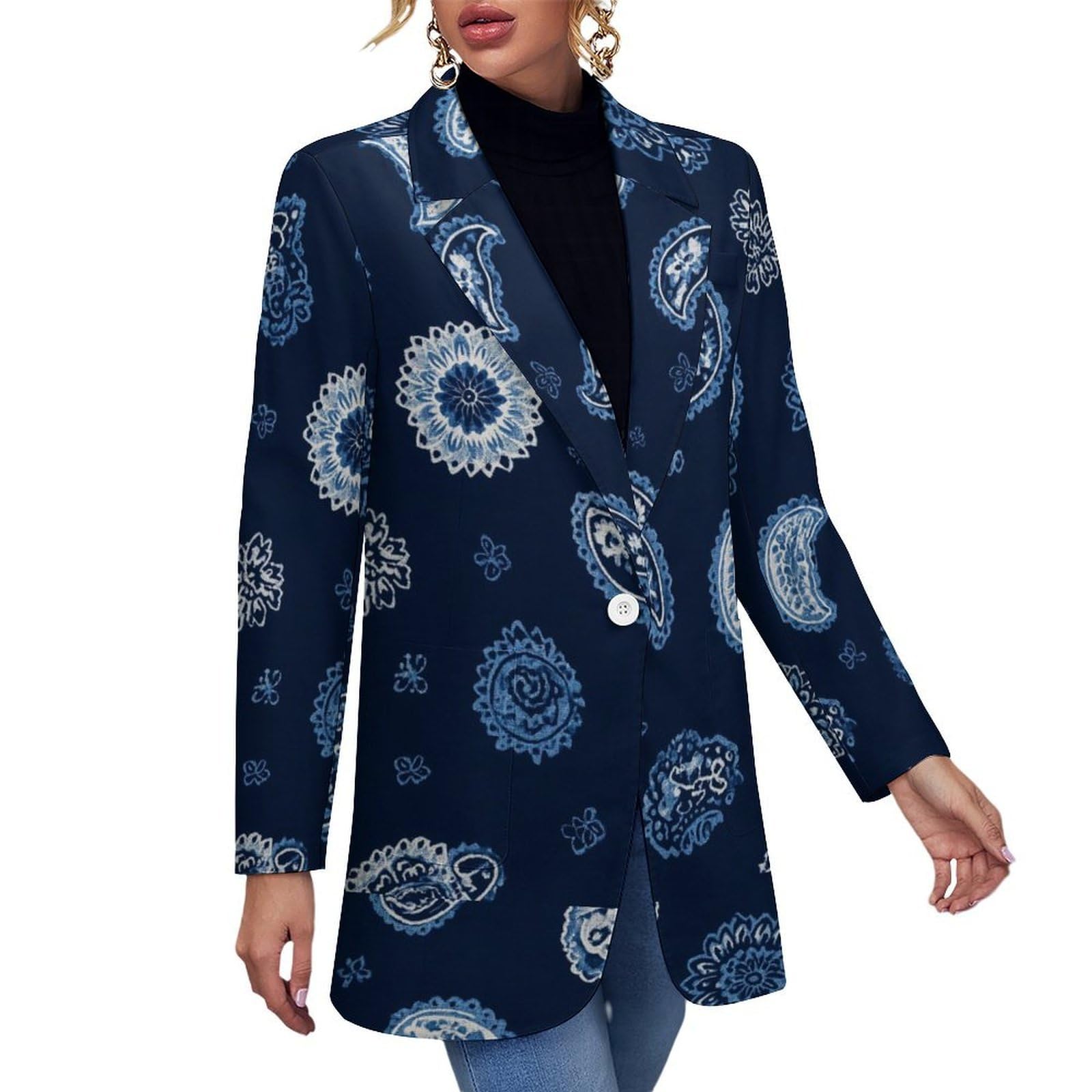 Casual Long Sleeve Blazer Jacket for Women Loose V-Neck Button Floral Print Work Business Jacket with Pockets