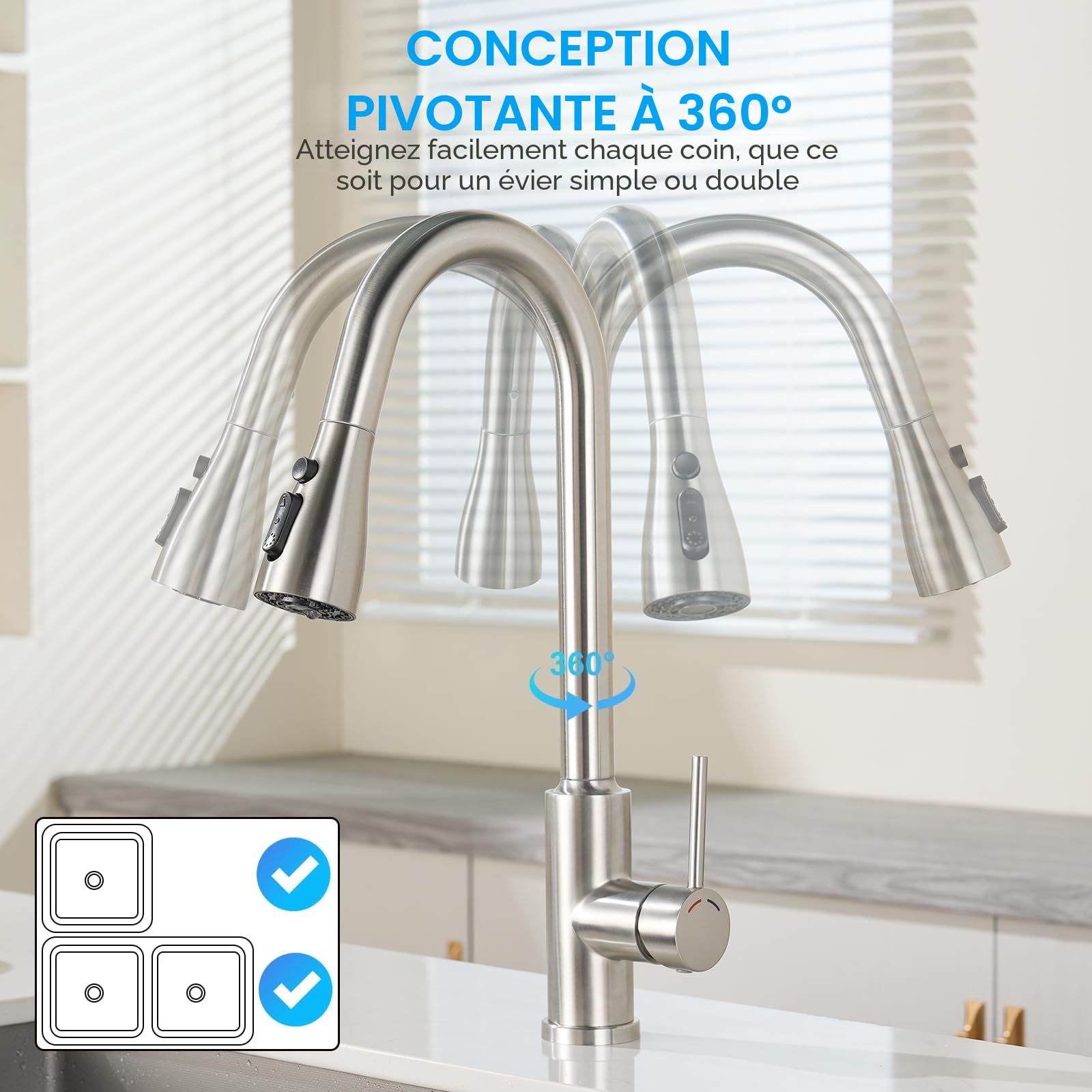 Robinet Cuisine Rabattable Mitigeur Robinet Evier de Cuisine avec 4 Douchette Modes, 360° d'Évier à Arc Élevé Acier Inoxydable Robinet Cuisine (Nickel-c, Spout Height 22.7CM)