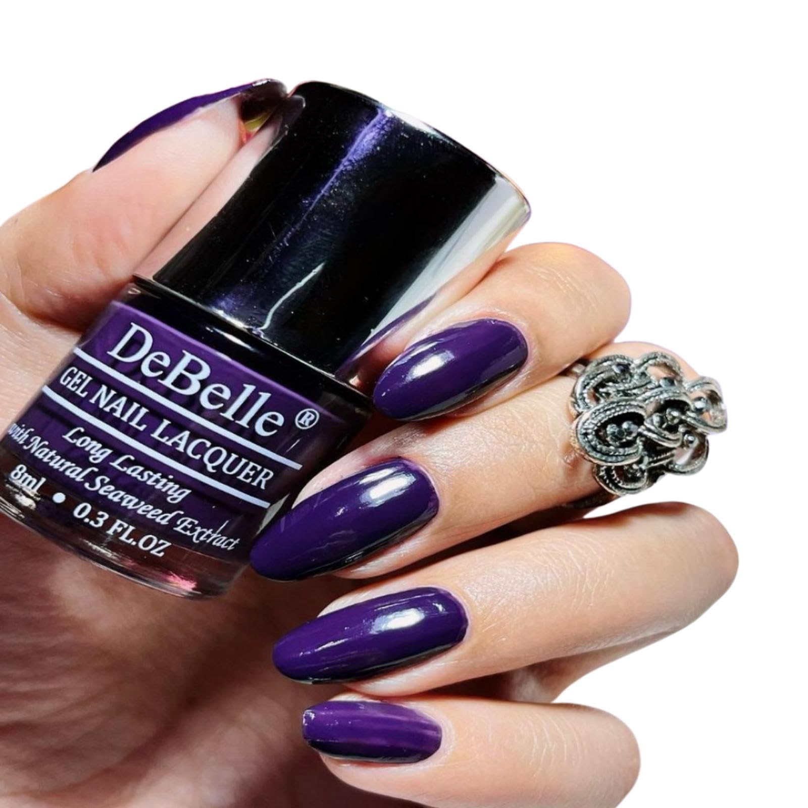 DeBelle Gel Nail Polish Royale' Viola (Dark Violet Nail Paint)|Non UV - Gel Finish |Chip Resistant |Seaweed Enriched Formula|Long Lasting|Cruelty and Toxic Free|8ml Glossy Finish-image-30