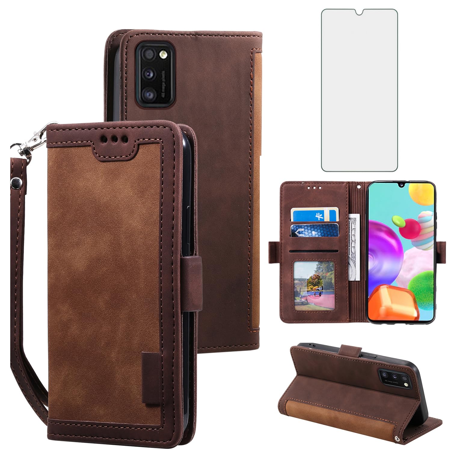 Asuwish Phone Case for Samsung Galaxy A41 Wallet Cell Cover with Tempered Glass Screen Protector Lanyard Flip Credit Card Holder Slot Stand A 41 4G