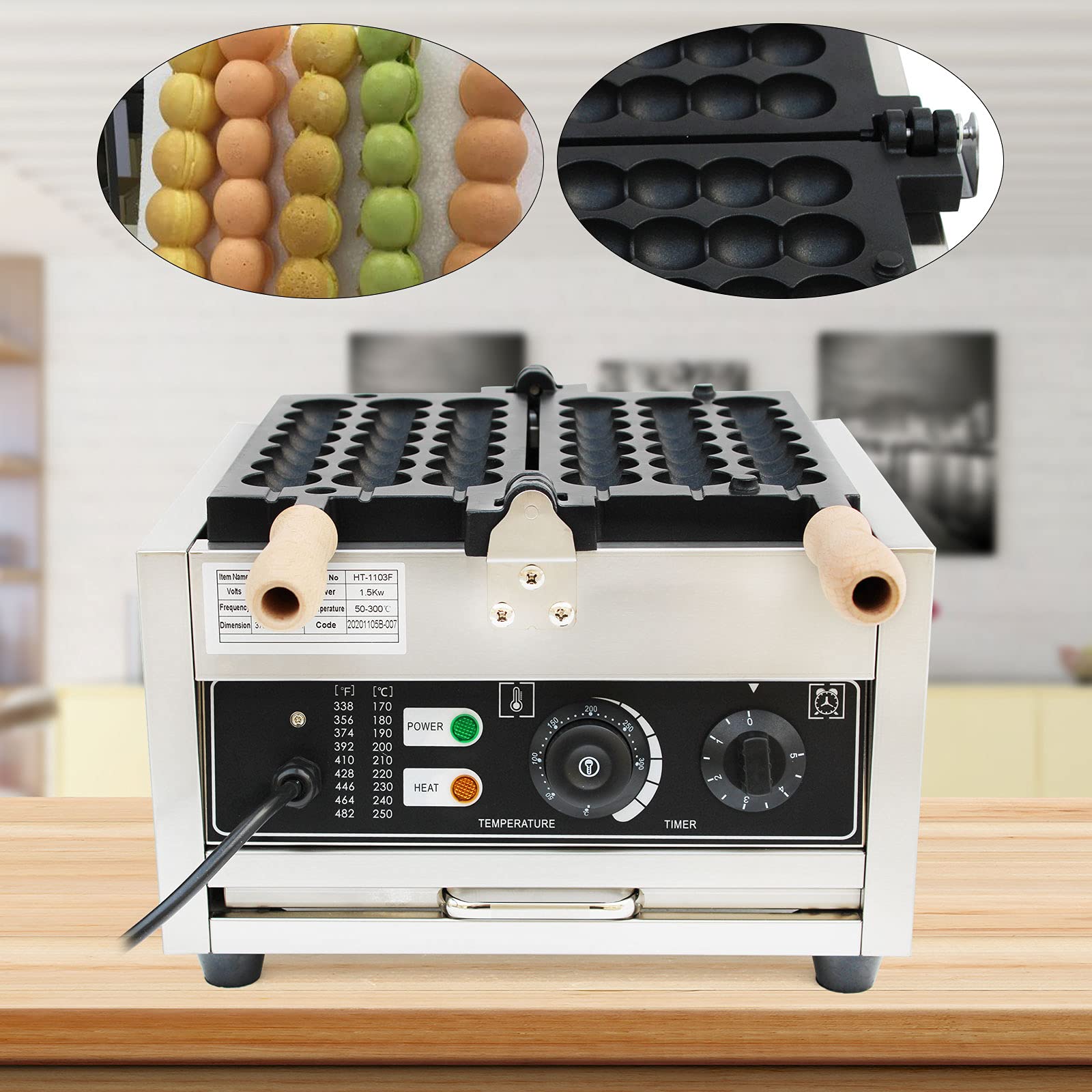 DYRABREST 1500W Commercial Nonstick Waffle Maker, 110V Electric Waffle Bites Maker Bubble Waffle Ball Machine, Skewer Waffle Making Machine with Temperature Control for Restaurant Snack Shop