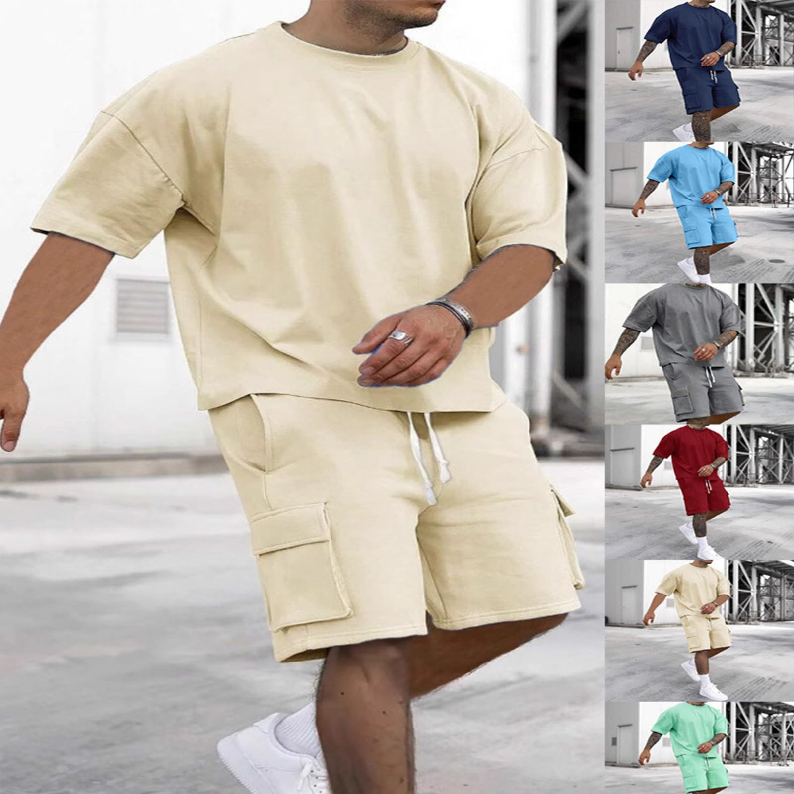 Conjunto de ropa de verano para hombre, camiseta de gran tamaño y pantalones cortos tipo cargo, traje deportivo casual de 2 piezas — view 5