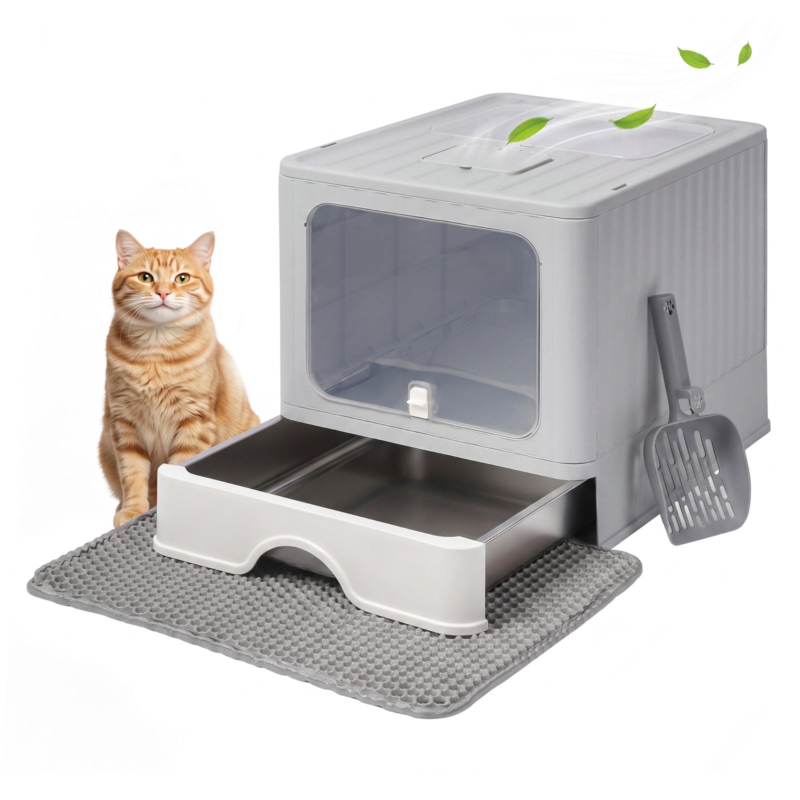 Skylos Cat Litter Box Stainless Steel, Enclosed Drawer Control Foldable, Grey