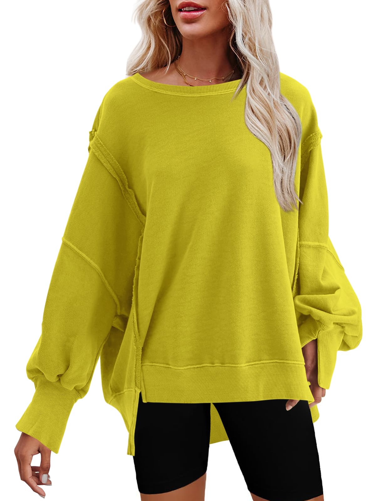Nirovien Womens Oversized Crewneck Sweatshirt Side Slit Long Sleeve Pullover Slouchy Fit Tops