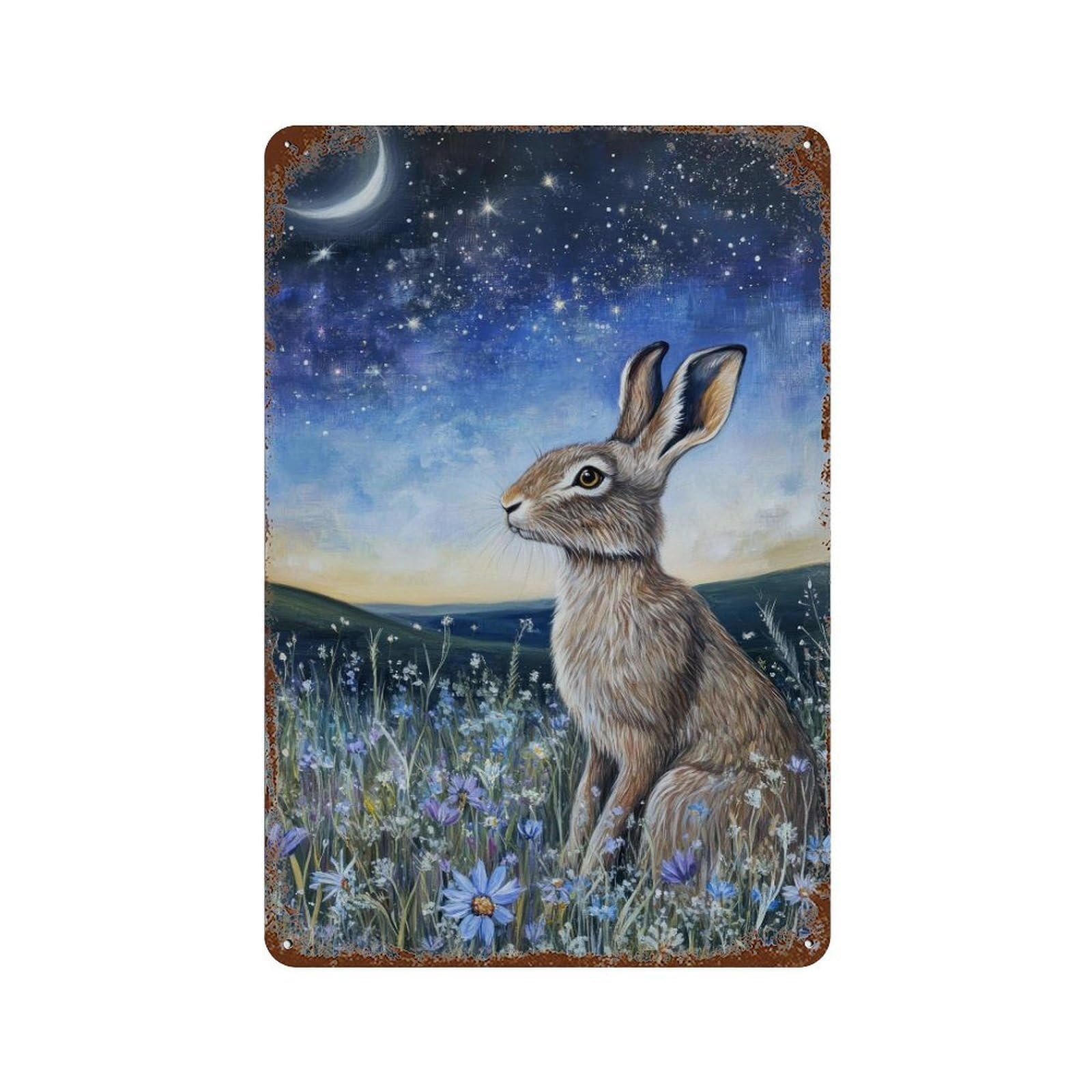 xiaoxiaoshen Hare Under Night Sky Cottagecore Mystical Woodland Vintage Nature Wall Decor Art Metal Tin Poster Modern Home Decor Art Home Bar Shop Decorations Vintage Sign 30x20cm