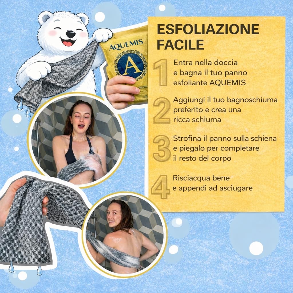 Aquemis asciugamano esfoliante 1/3/5 Pezzi scrubber corpo lungo 100 cm doppia faccia quick dry con fibra di bambù e ioni d’argento panno doccia unisex per bagno e doccia
