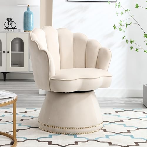 Silla decorativa giratoria, moderna silla tapizada de terciopelo con barril giratorio de 360 grados, sillón pequeño con silueta festoneada para sala