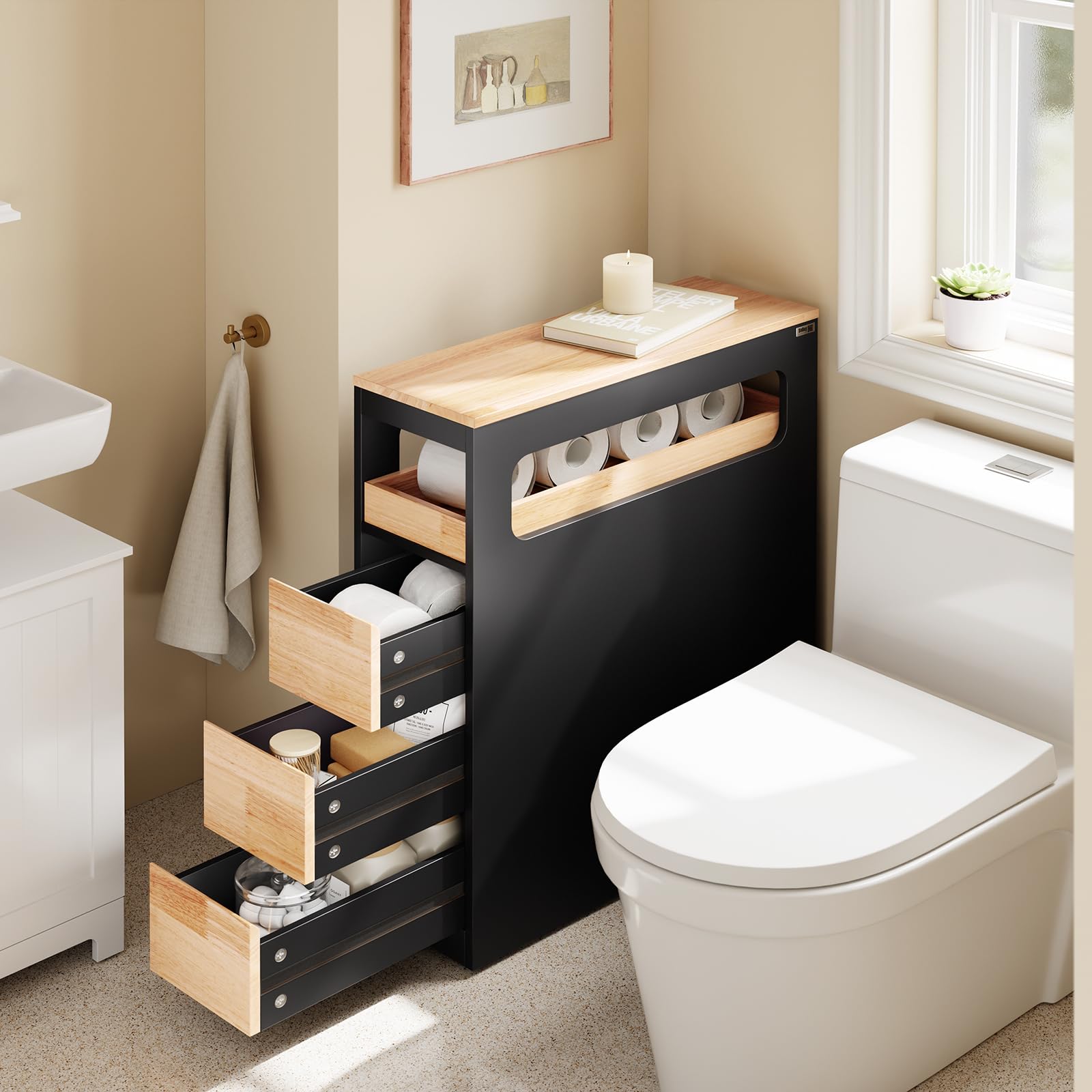 SoBuy Mobiletto Bagno Salvaspazio Cassettiera Bagno Stretto 3 Cassetti con Ruote per Angoli e Nicchie per Piccoli Spazi e Famiglie Nero 65x23x82cm BZR54-II-SCH