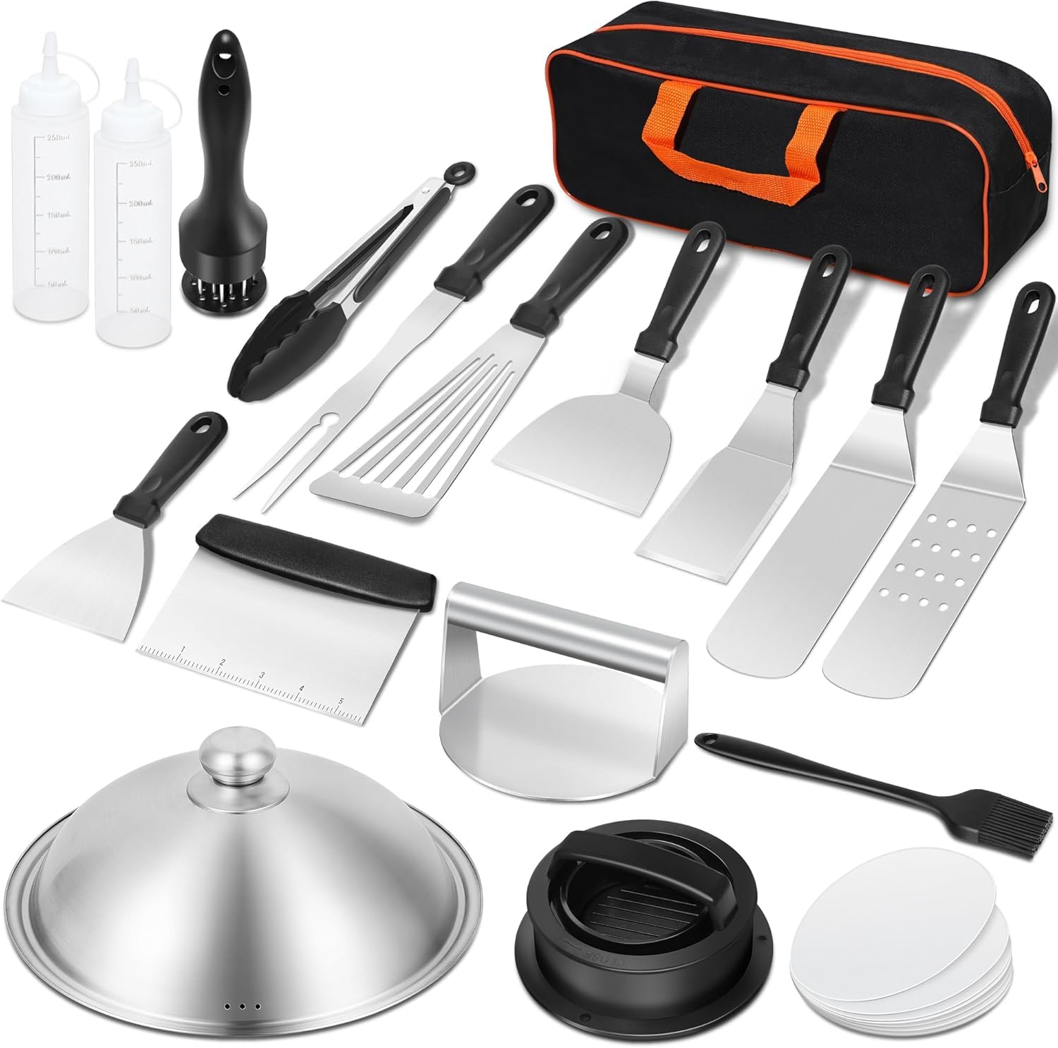 Griddle Accessories Kit, BBQ Accessories Flat Top Grill Set for Blackstone, Heavy Duty Stainless Steel Spatulas Barbecue Tools Cooking Utensils Set with Basting Cover, Tongs, Smash Burger Press