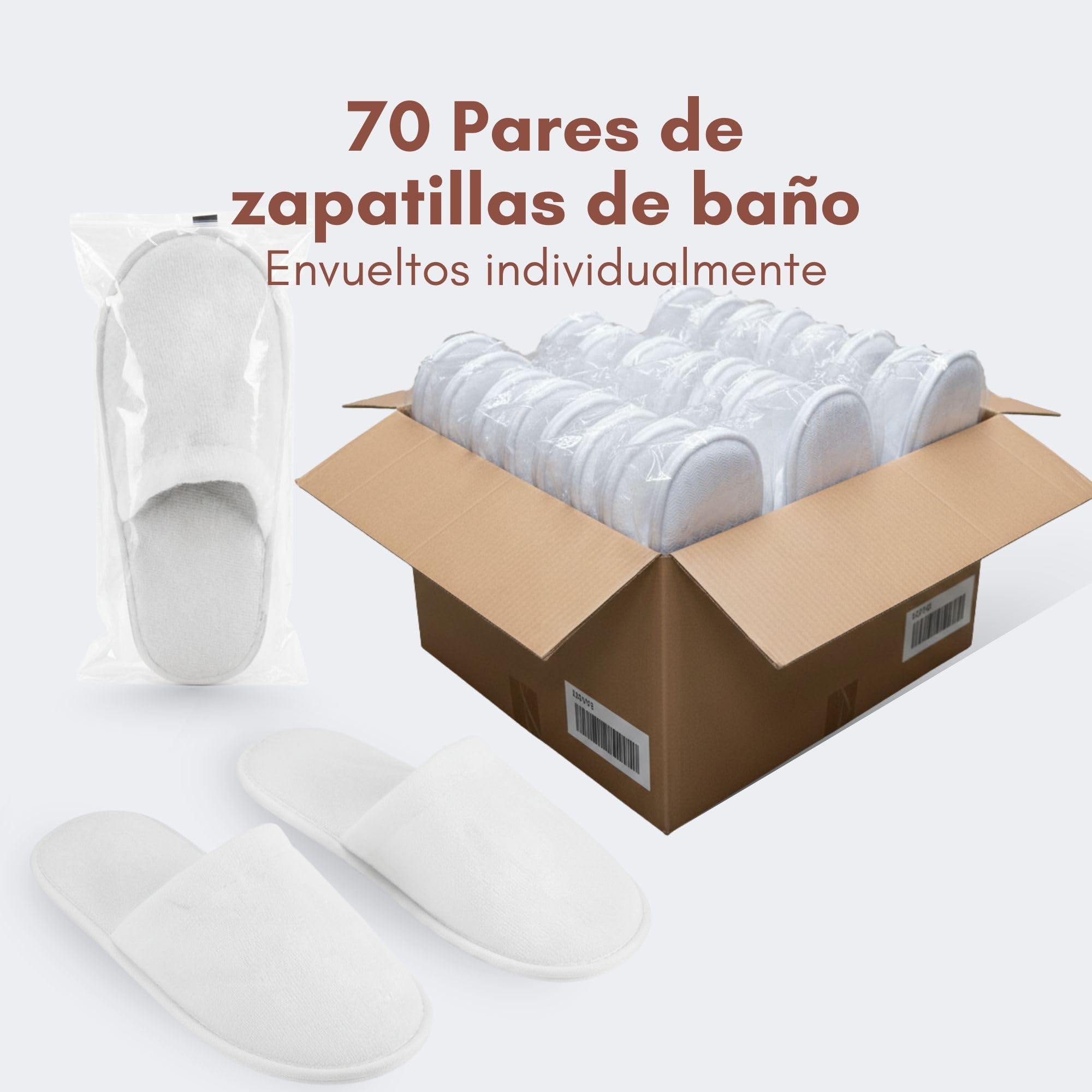 Pack 70 pares zapatillas de baño blancas con suela antideslizante - tejido algodón y poliéster - par embolsado higiénico - para hotel, spa, hostelería y alojamientos