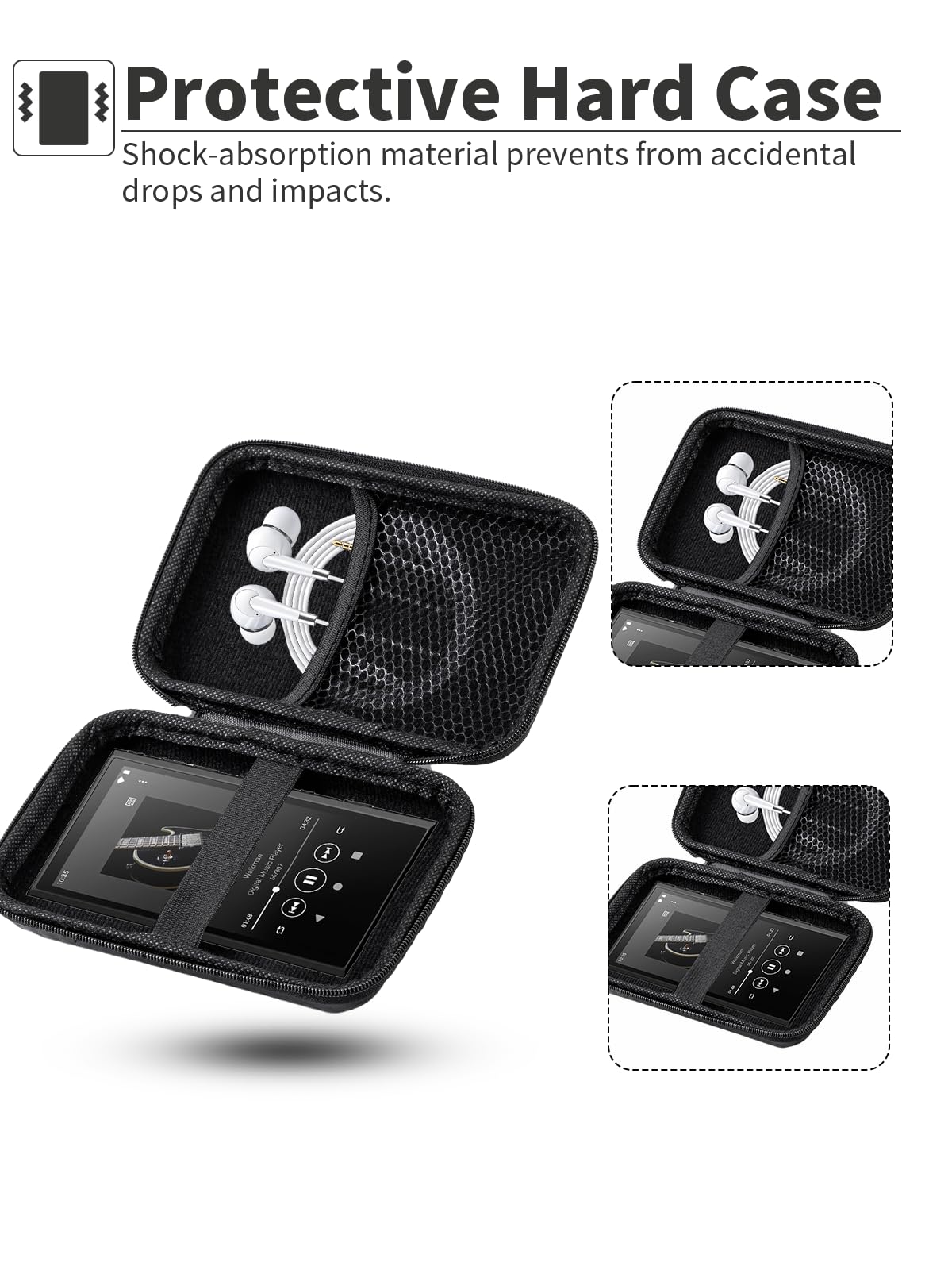 Etui do HiFi Walker G7 4 cali odtwarzacz MP3 - przenośne etui ochronne z kablem USB i miejscem na kartę pamięci, wodoszczelne i ochrona przed uderzeniami, czarne | praktyczna torba organizera na MP3