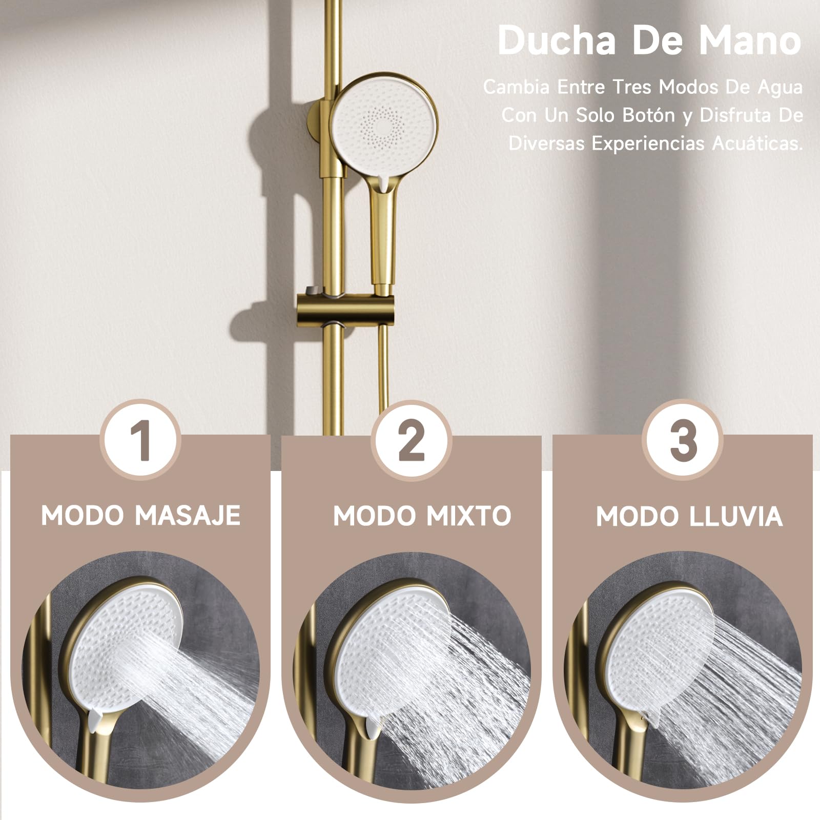 Columna ducha,Sistema de ducha retro de oro cepillado,Columna de ducha termostática,3 funciones Juego de ducha de pared,Con 260mm rociador redondo,Grifo de bañera,Ducha de mano de 3 modos