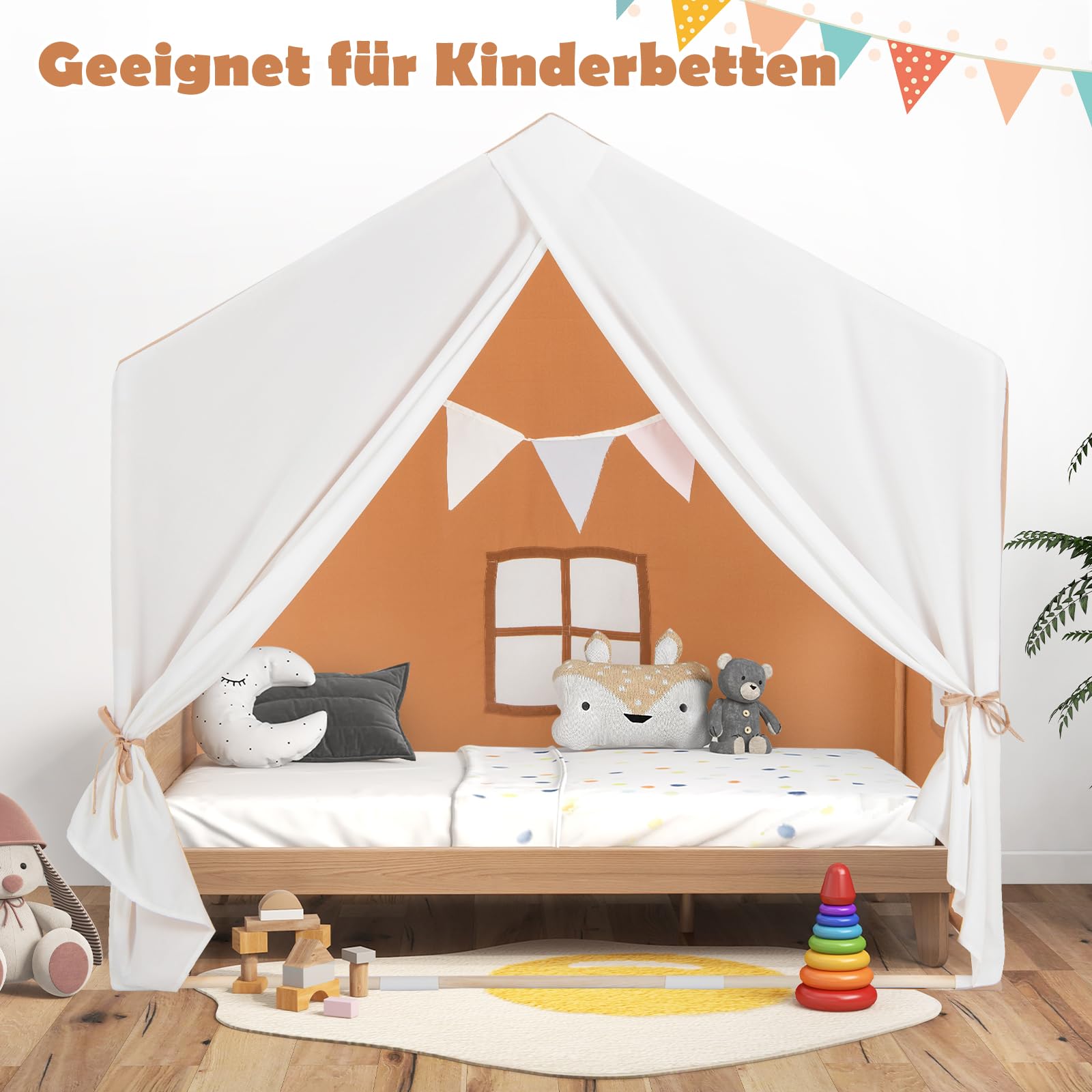 GOPLUS Kinderzelt mit Holzrahmen, Multifunktionaler Kinderspielhaus mit Fahnenbanner, großem Vorhang & 2 Fenster, Spielzelt für Jungen und Mädchen ab 3 Jahren, für Innen- & Außenbereich (Hellbraun)