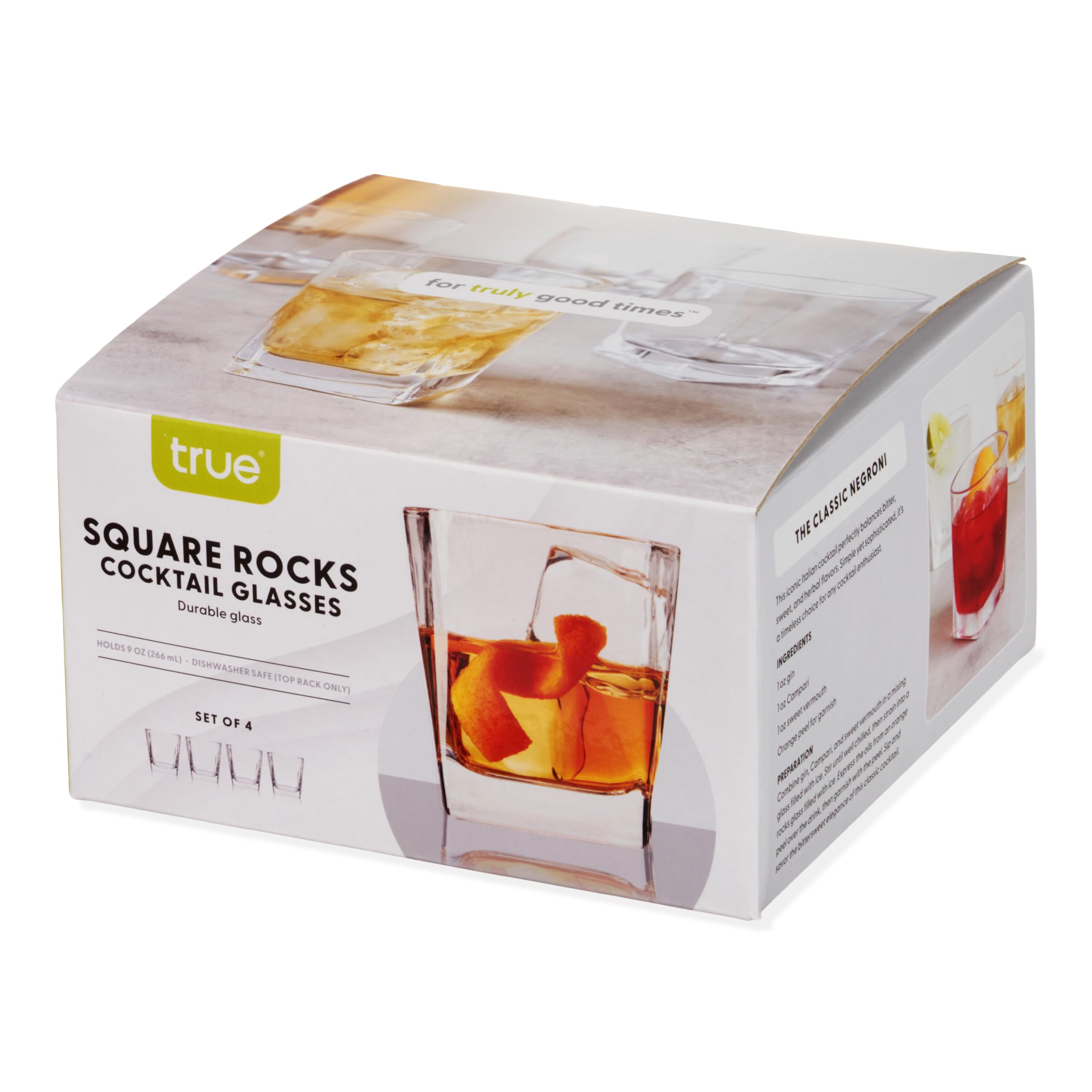 TRUE Juego de 4 vasos cuadrados dobles antiguos, vasos de whisky Lowball para cócteles, bebidas o licor, aptos para lavavajillas, 10 onzas