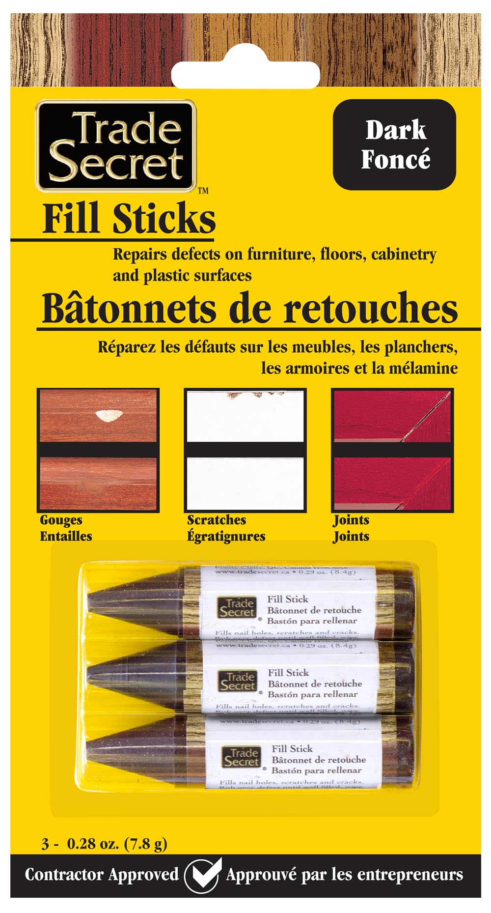 Wood Scratch Repair Fill Stick for Dark Surfaces (Set of 3), Great for Touch-Ups and Repairs on Hardwoods Floors, Furniture, Cabinets and Plastic