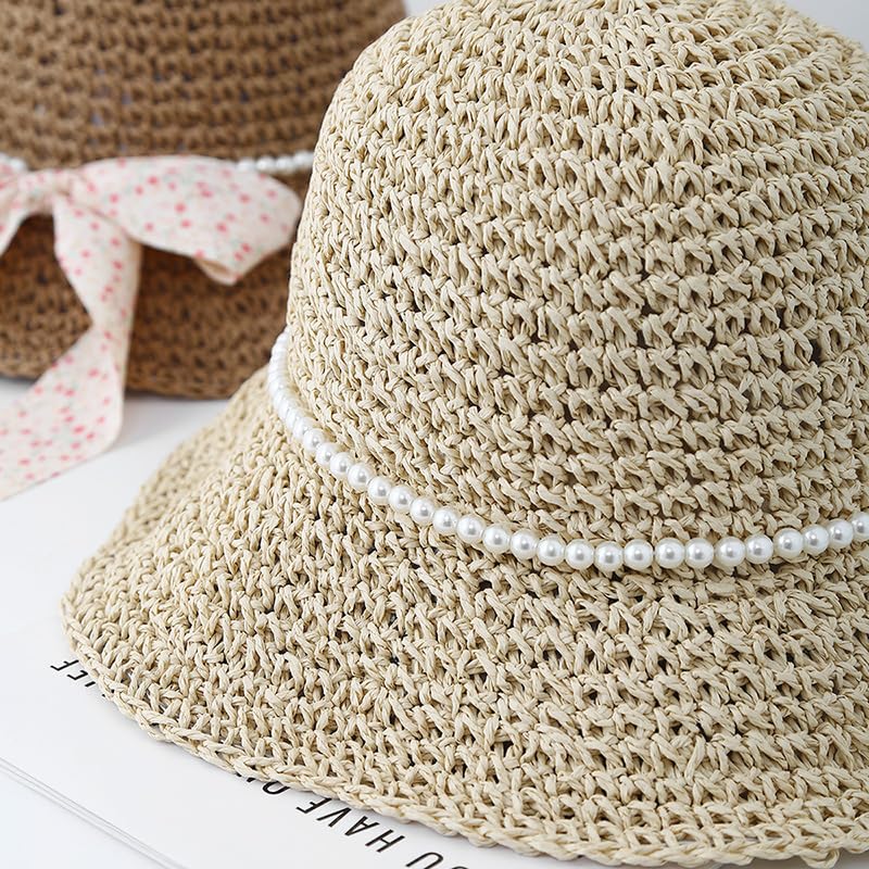Sombrero de Paja de Verano para Mujer,de ala Ancha,Ligero,con Lazo Floral de Perla,Plegable,Transpirable,para Playa,para Actividades Al Aire Libre