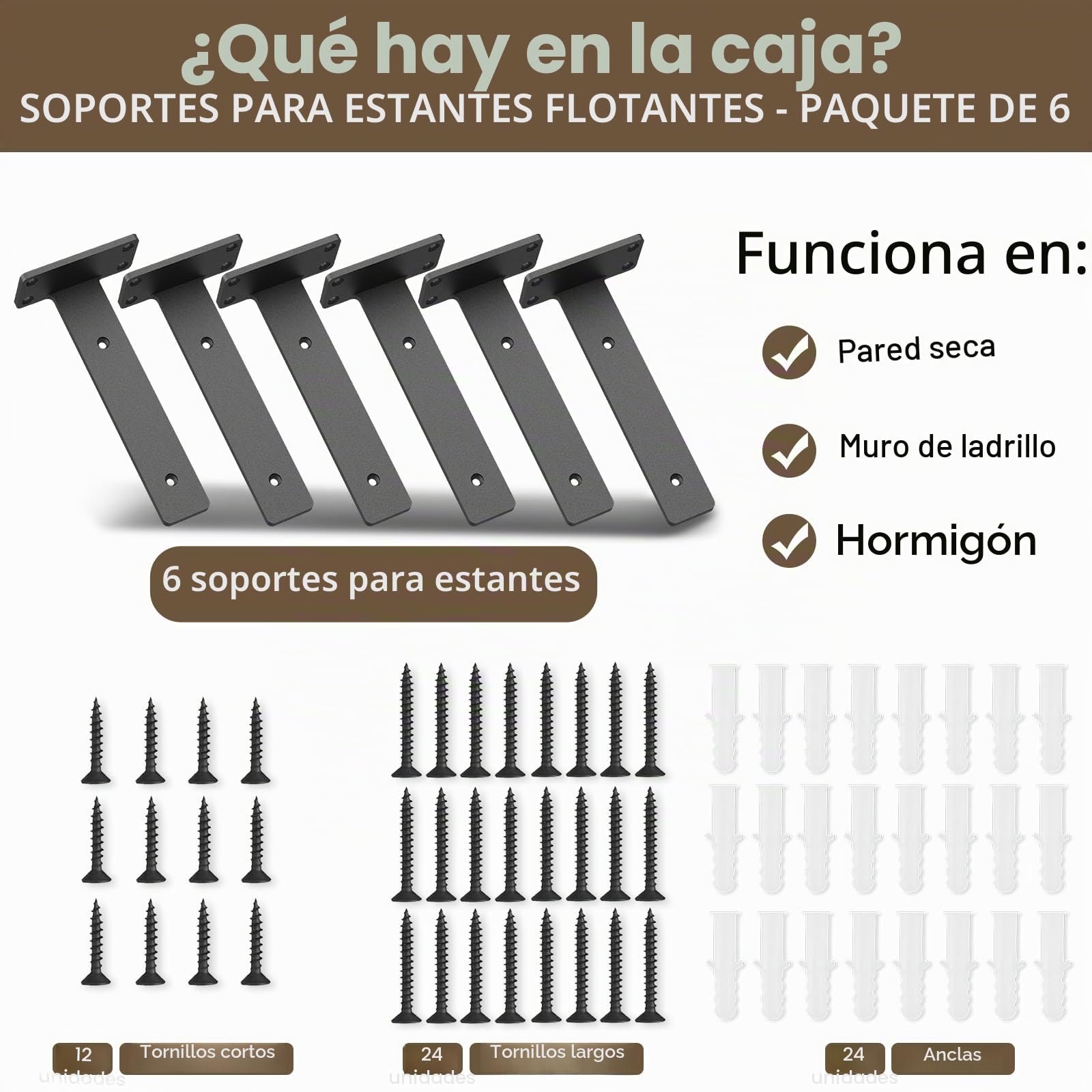 Soporte de estante resistente, soporte flotante rústico para estantes montados en la pared, 6 soportes de estante negros industriales (paquete de 6 pulgadas)