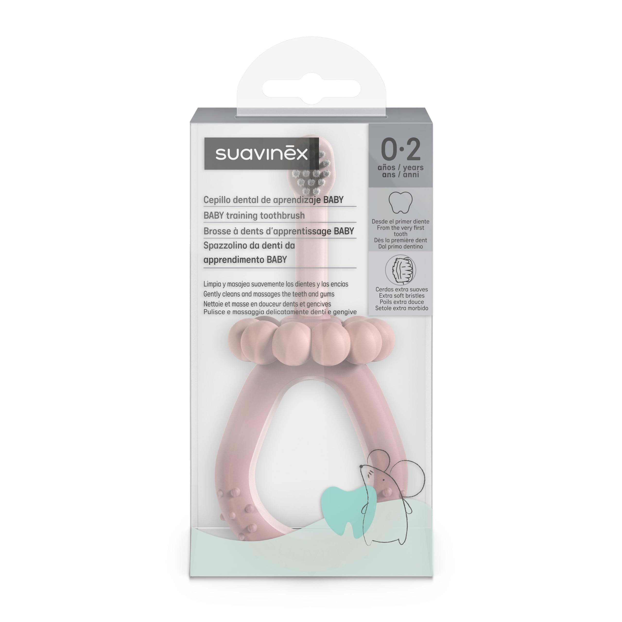 Suavinex, Spazzolino da denti per bambini da 0 a 2 anni, setole super morbide, ideale per gengive sensibili, manico ergonomico, testurizzato e antiscivolo, tappo di sicurezza, pulisci lingua, rosa